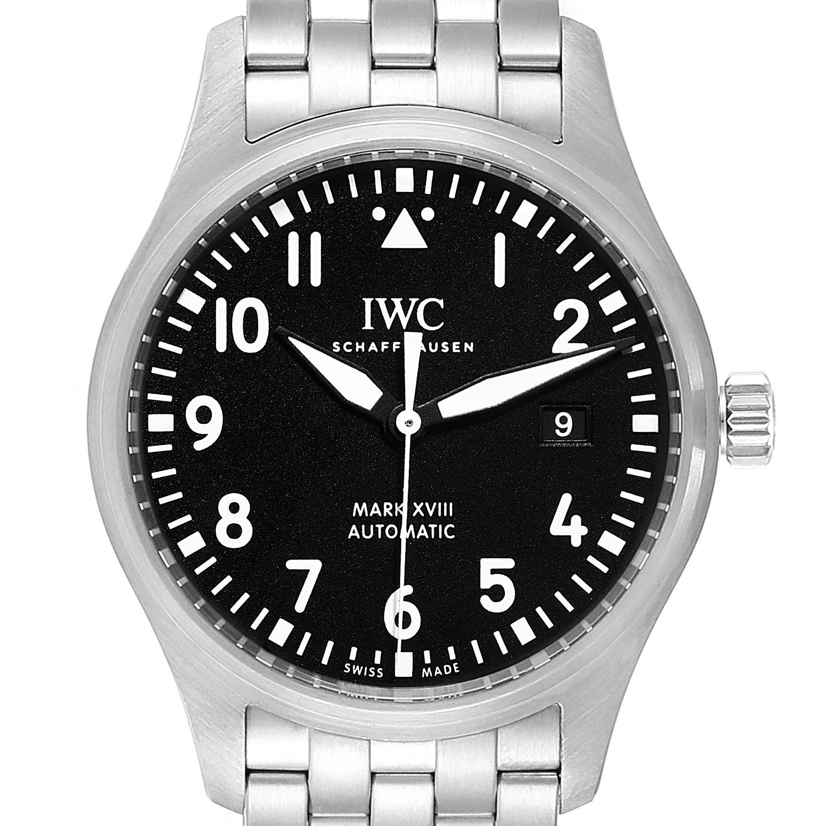 The image displays a frontal view of the IWC Pilot IW327011 Men's Stainless Steel Black Dial IW327011 Men's Stainless Steel Black Dial Mark XVIII watch, showcasing its black dial, numerals, steel case, and bracelet.