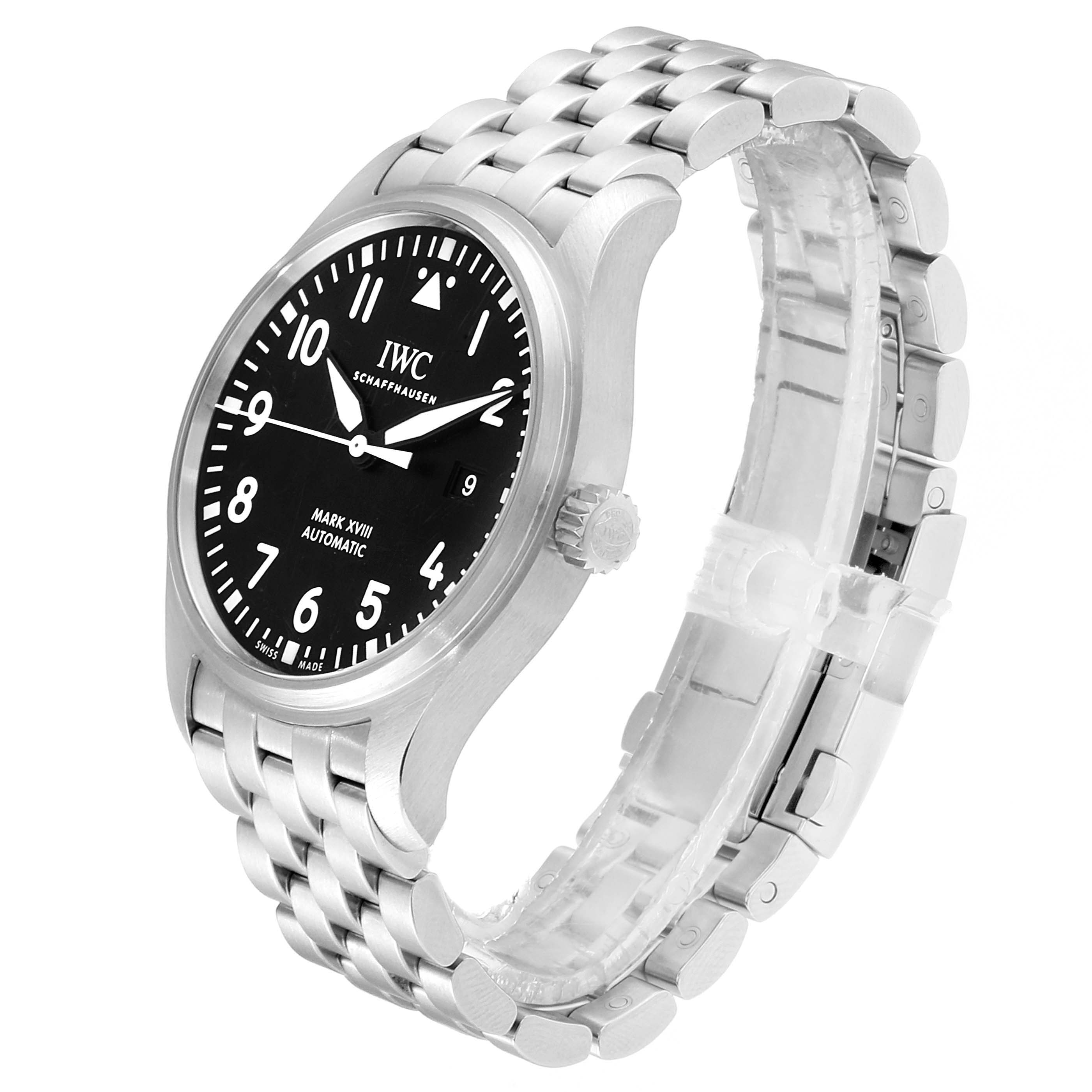 The IWC Pilot IW327011 Men's Stainless Steel Black Dial IW327011 Men's Stainless Steel Black Dial watch is shown at a three-quarter angle, displaying its black dial, stainless steel case, and bracelet.