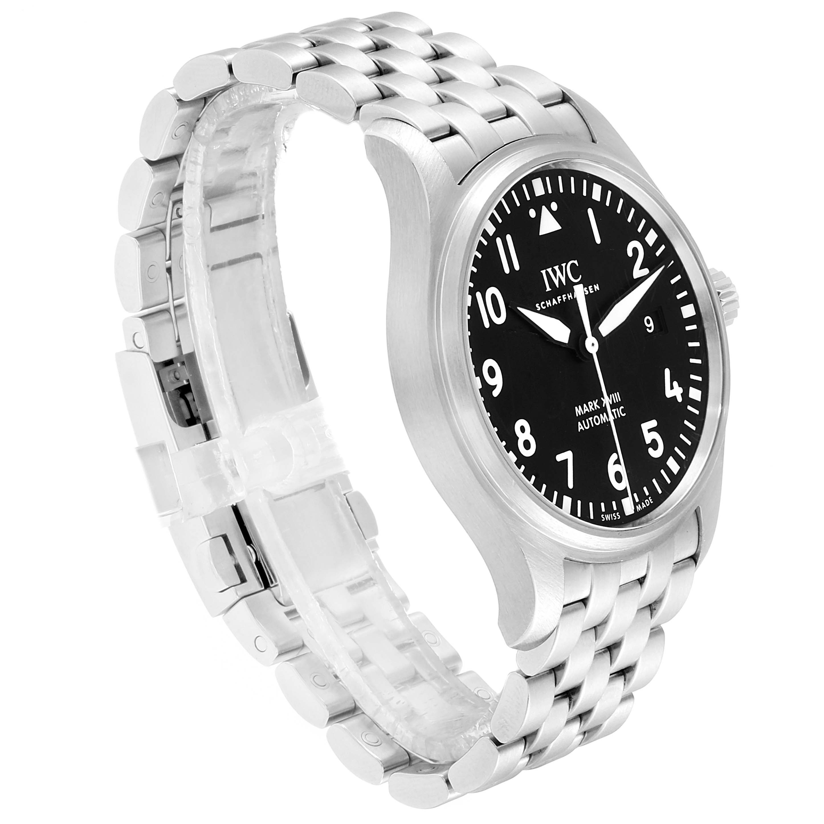 The image shows an IWC Pilot IW327011 Men's Stainless Steel Black Dial IW327011 Men's Stainless Steel Black Dial model watch with a black dial, silver bracelet, and open clasp, viewed from a slight angle.