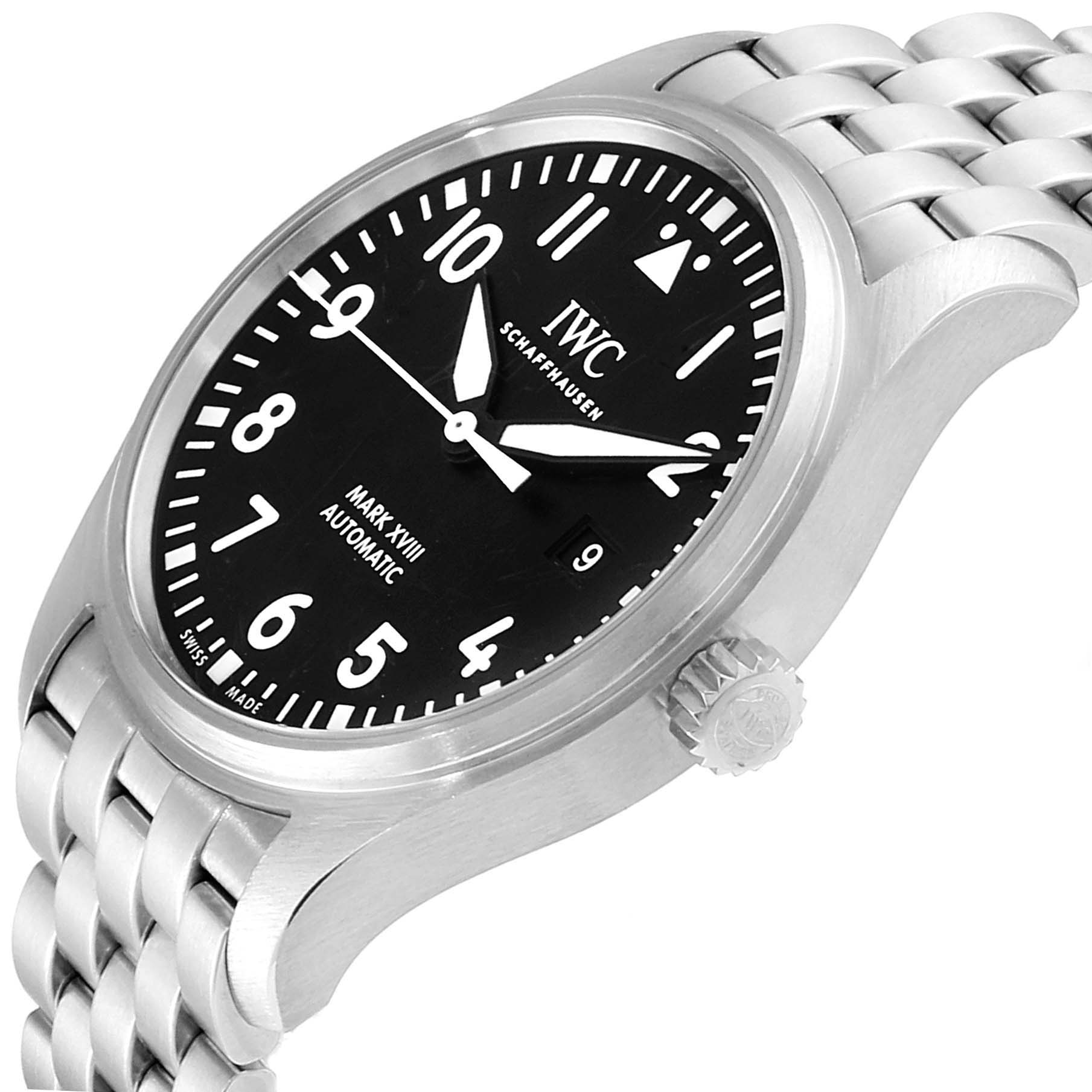 The image shows an oblique angle of an IWC Pilot IW327011 Men's Stainless Steel Black Dial IW327011 Men's Stainless Steel Black Dial Mark XVIII watch, highlighting the face, crown, and metal bracelet.