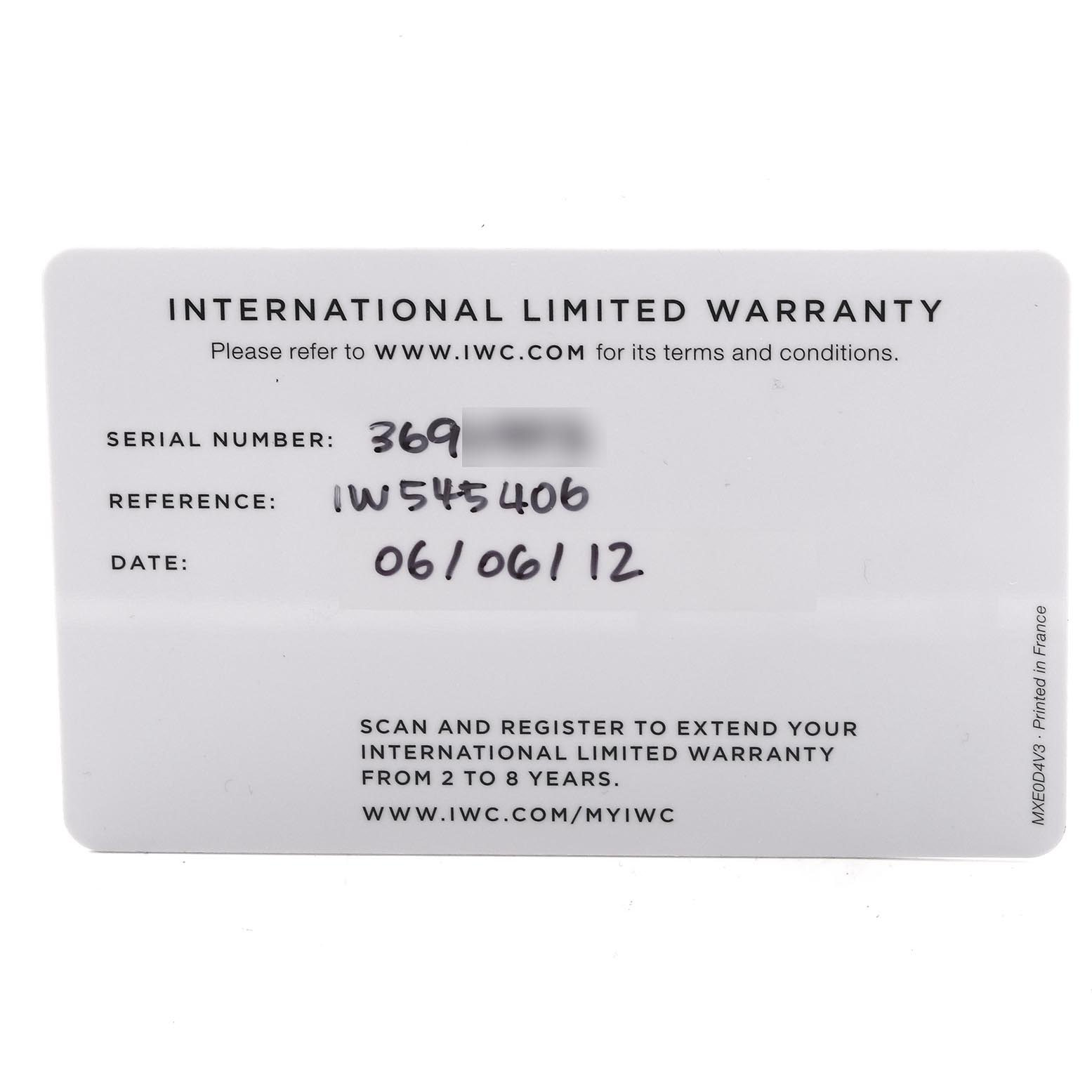 This image shows the warranty card for the IWC Portuguese IW545406 Men's Rose Gold Grey Dial IW545406 Men's Rose Gold Grey Dial model, highlighting the serial number, reference, and date.