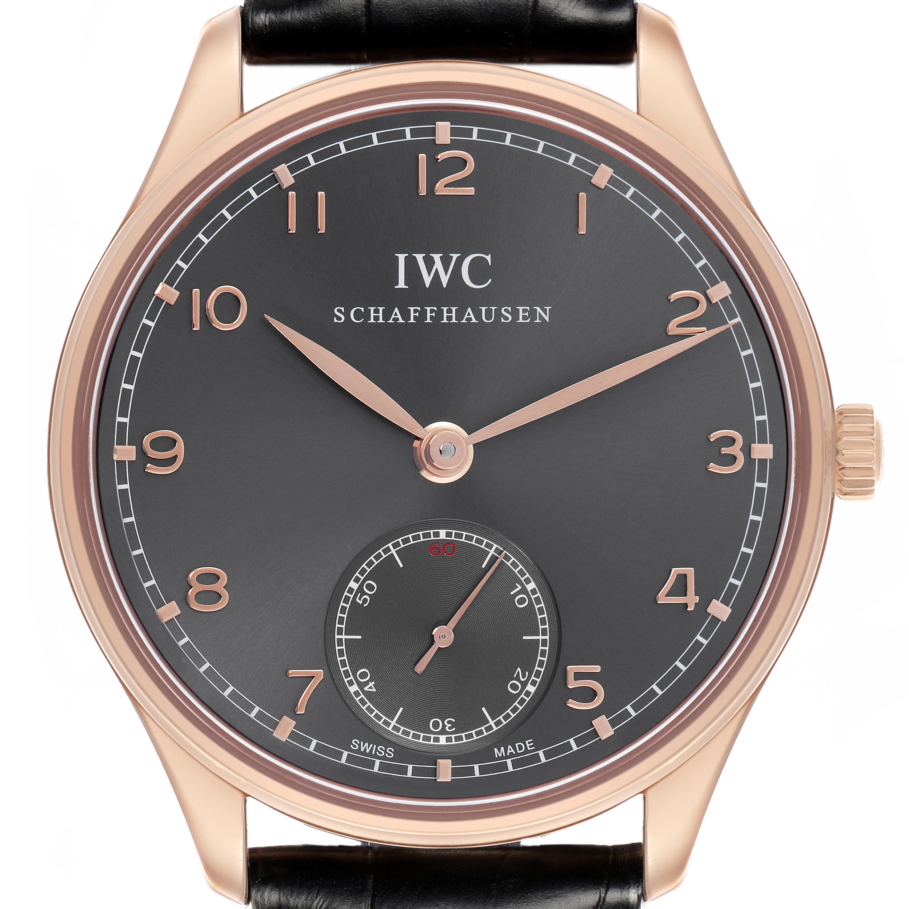 The IWC Portuguese IW545406 Men's Rose Gold Grey Dial IW545406 Men's Rose Gold Grey Dial watch is shown from the front, highlighting its dial, hands, numerals, sub-dial, and crown.