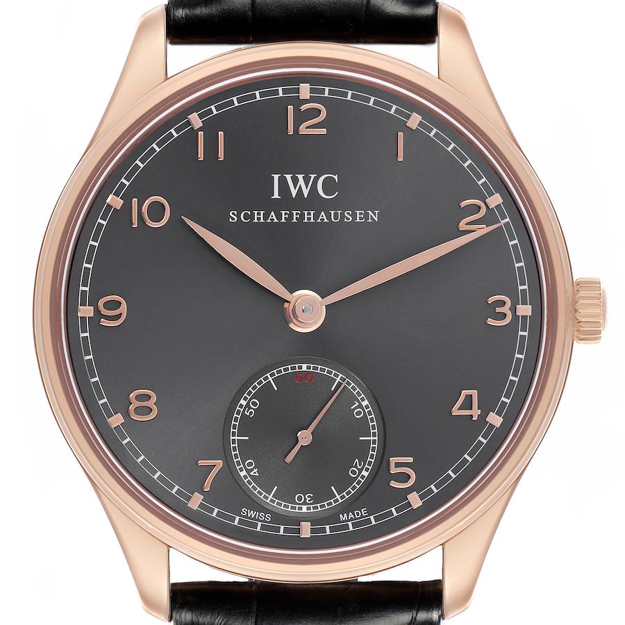 The IWC Portuguese watch is shown from the front, highlighting its dial, hands, numerals, sub-dial, and crown.