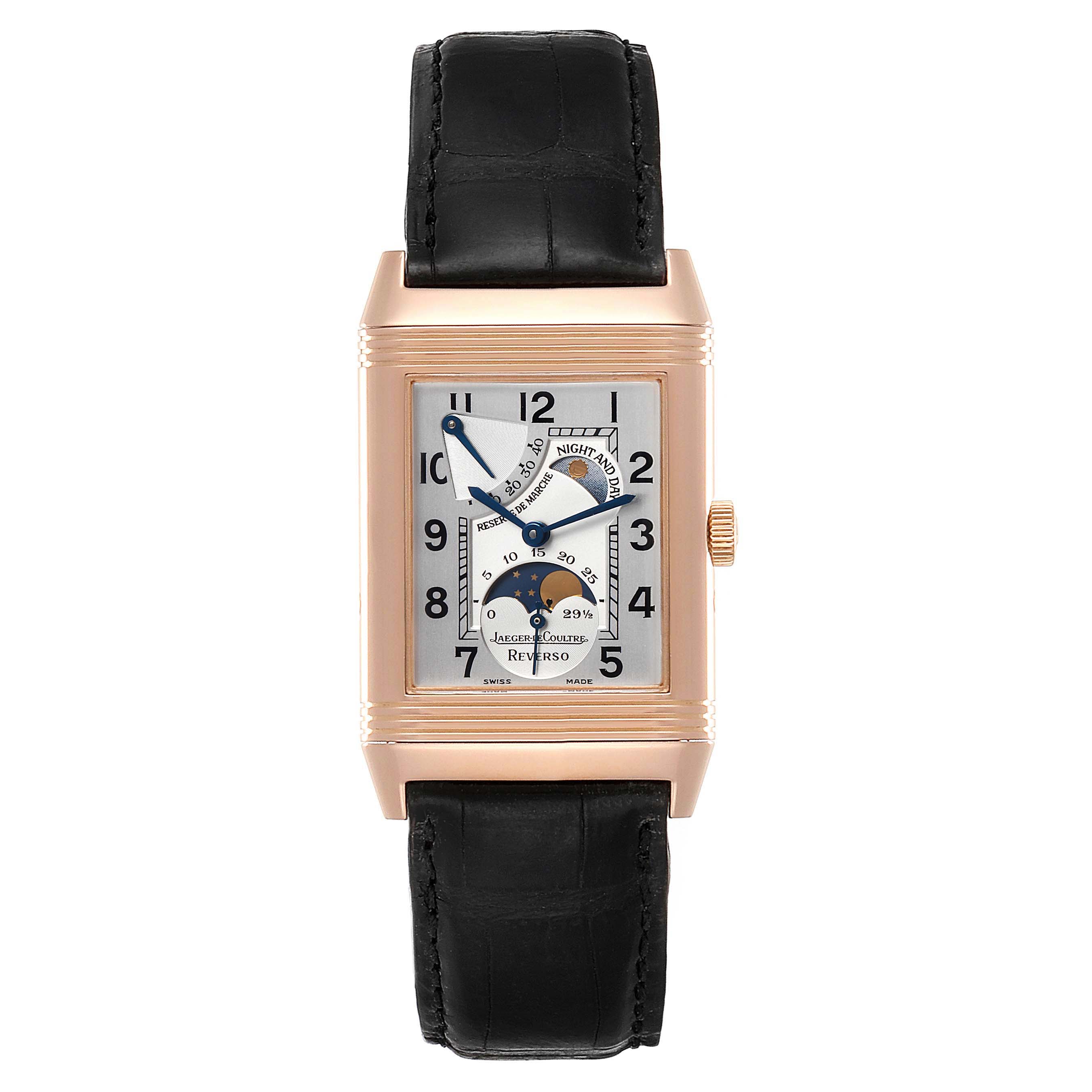 The image shows a front view of the Jaeger LeCoultre Reverso Q3042420 Men's Rose Gold Silver Dial Q3042420 Men's Rose Gold Silver Dial watch, displaying its dial, case, and black strap.