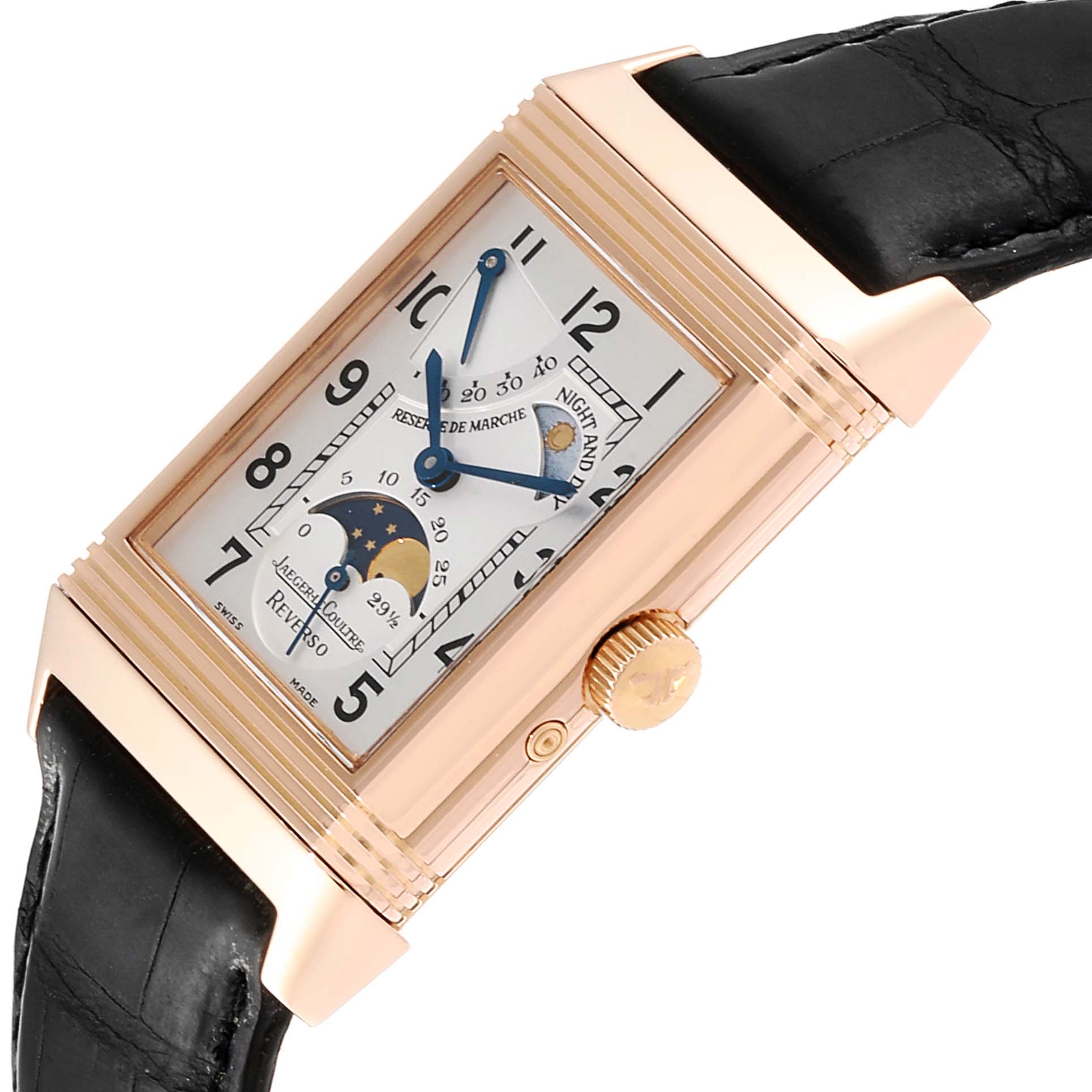 The image shows a Jaeger LeCoultre Reverso Q3042420 Men's Rose Gold Silver Dial Q3042420 Men's Rose Gold Silver Dial watch at a slight angle, highlighting the dial, crown, and part of the leather strap.