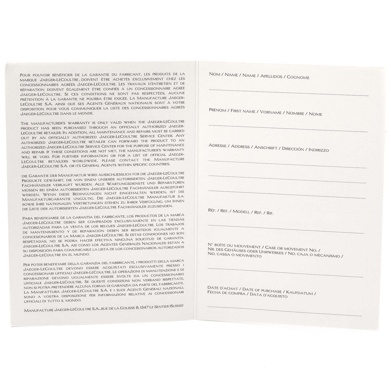 This image shows an open warranty booklet for a Jaeger LeCoultre Reverso Q3042420 Men's Rose Gold Silver Dial Q3042420 Men's Rose Gold Silver Dial watch, displayed from a top-down angle.