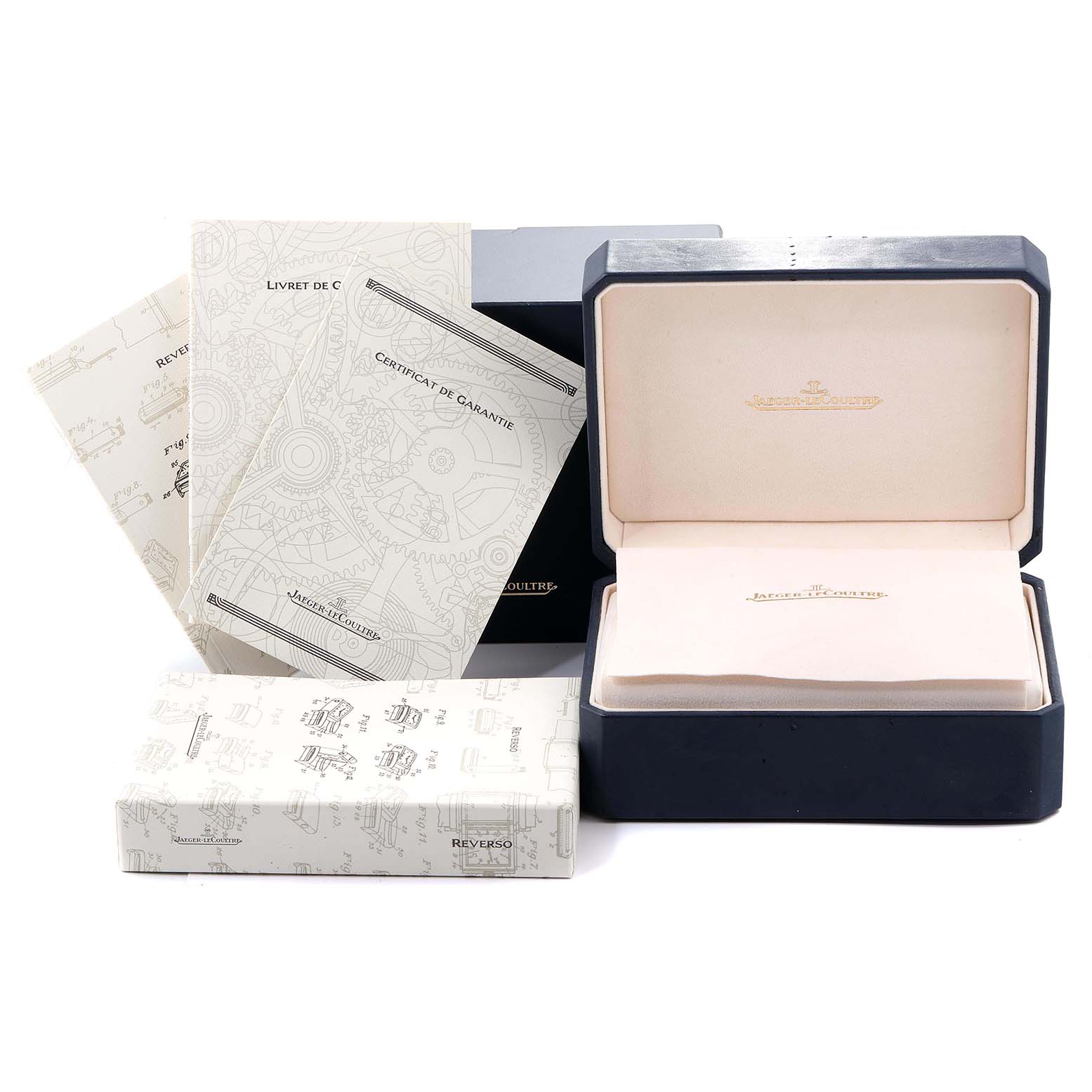 The image shows the packaging, warranty cards, and user manuals for a Jaeger LeCoultre Reverso Q3042420 Men's Rose Gold Silver Dial Q3042420 Men's Rose Gold Silver Dial watch.