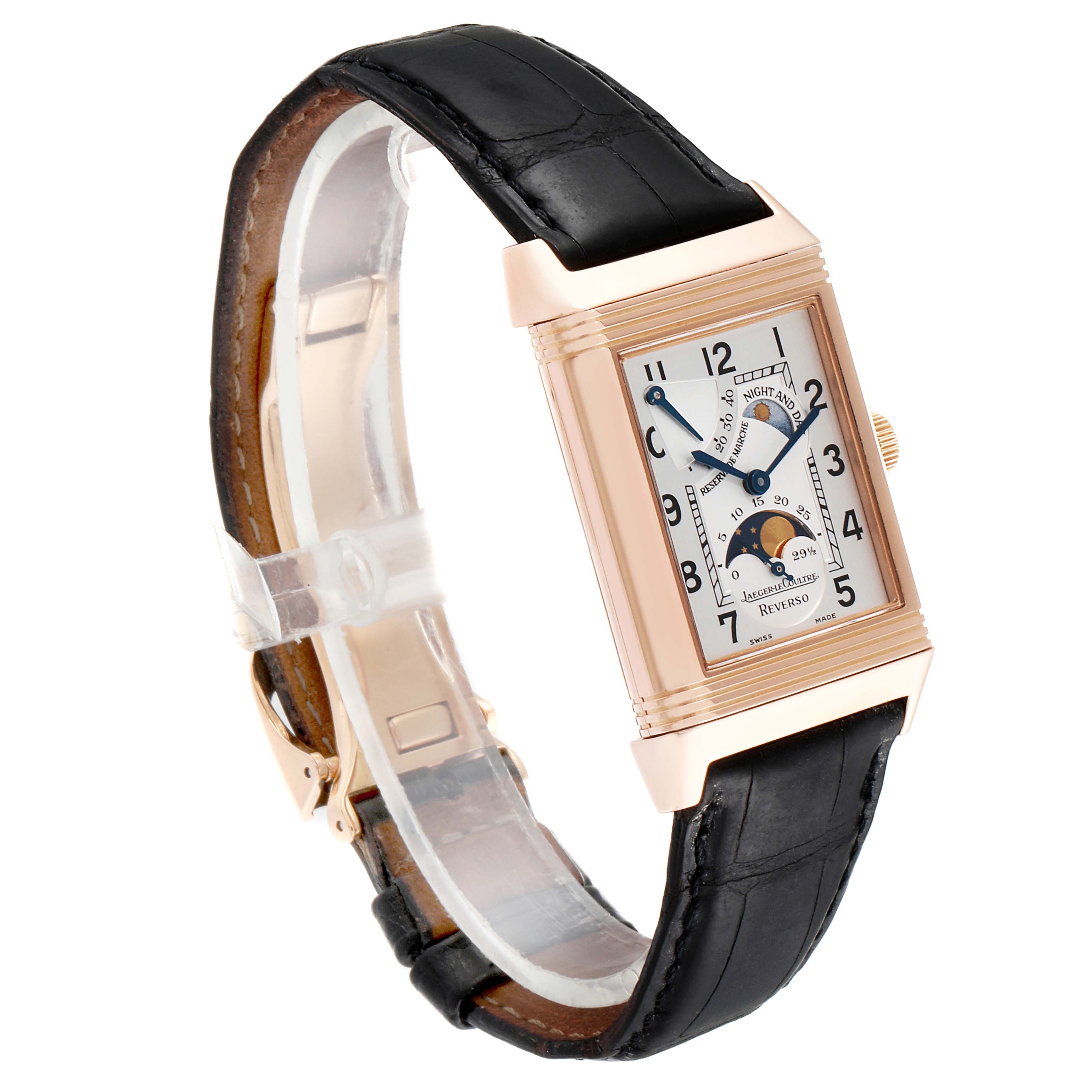 The image shows a frontal view of a Jaeger LeCoultre Reverso Q3042420 Men's Rose Gold Silver Dial Q3042420 Men's Rose Gold Silver Dial watch, featuring its black leather strap and rectangular gold case with dials.