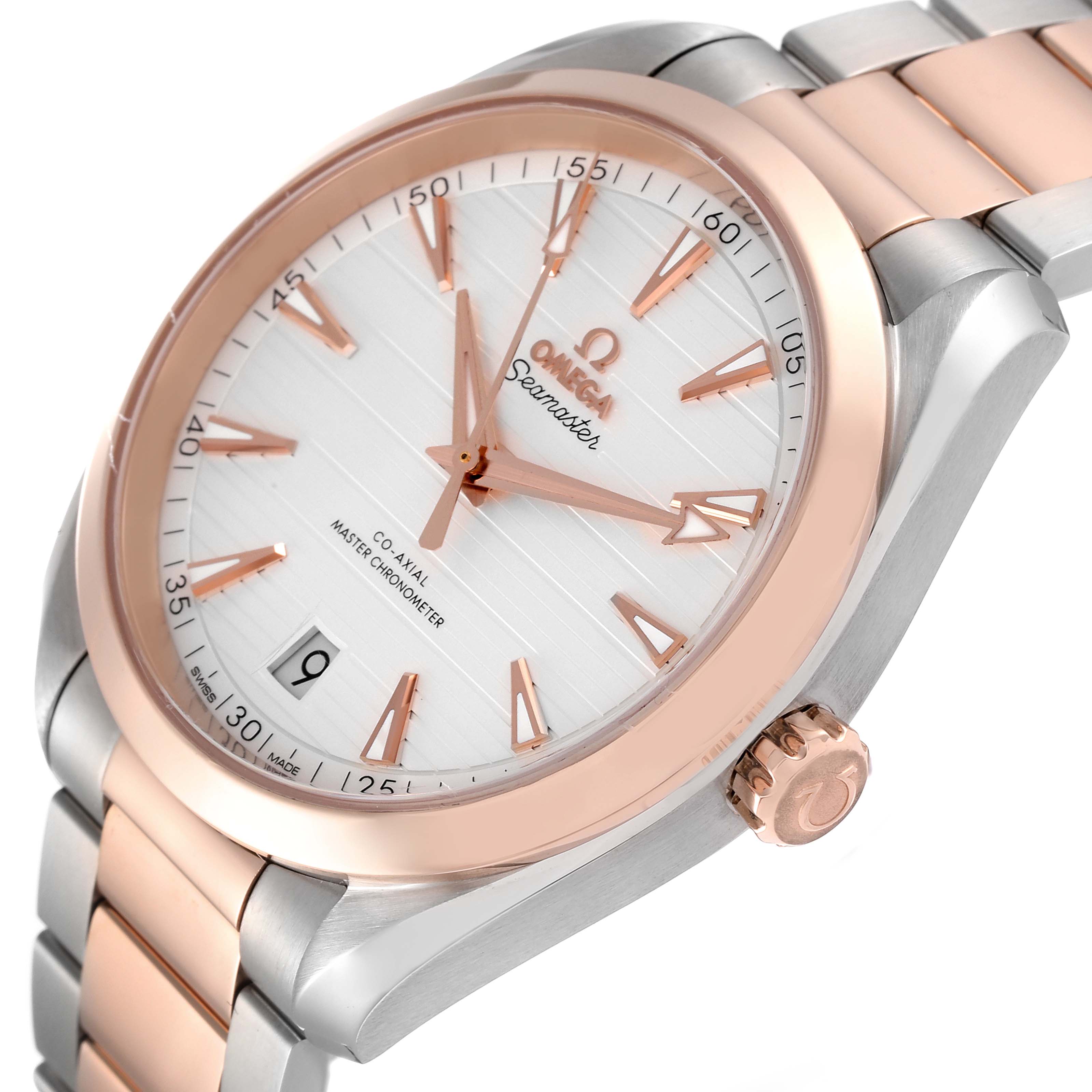 The Omega Aqua Terra 220.20.41.21.02.001 Men
s Steel and Gold (two tone) Silver Dial 220.20.41.21.02.001 Men
s Steel and Gold (two tone) Silver Dial watch is shown at a slight angle, highlighting its face, bezel, crown, and bracelet.