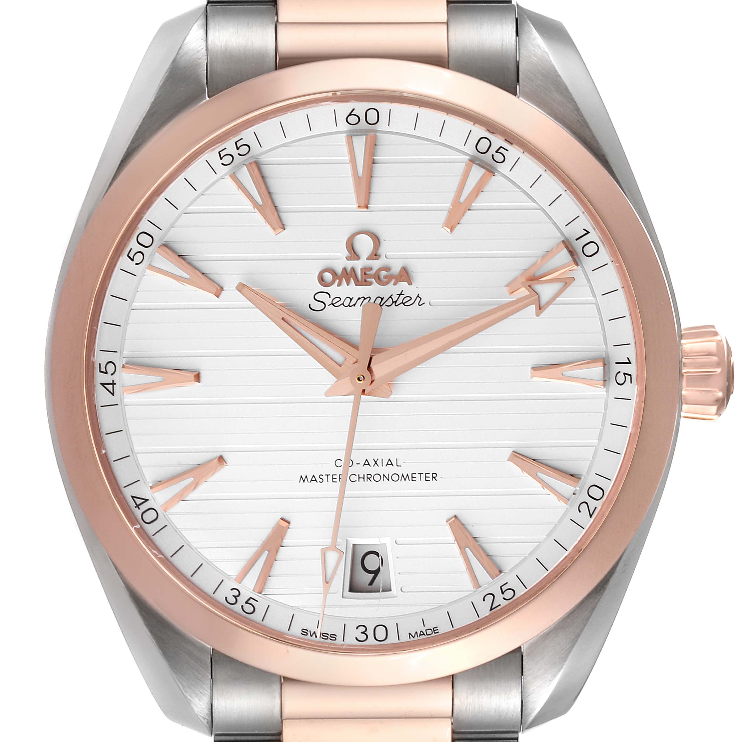 The image shows a frontal view of the Omega Aqua Terra 220.20.41.21.02.001 Men
s Steel and Gold (two tone) Silver Dial 220.20.41.21.02.001 Men
s Steel and Gold (two tone) Silver Dial model watch, featuring its face, hands, and bezel.