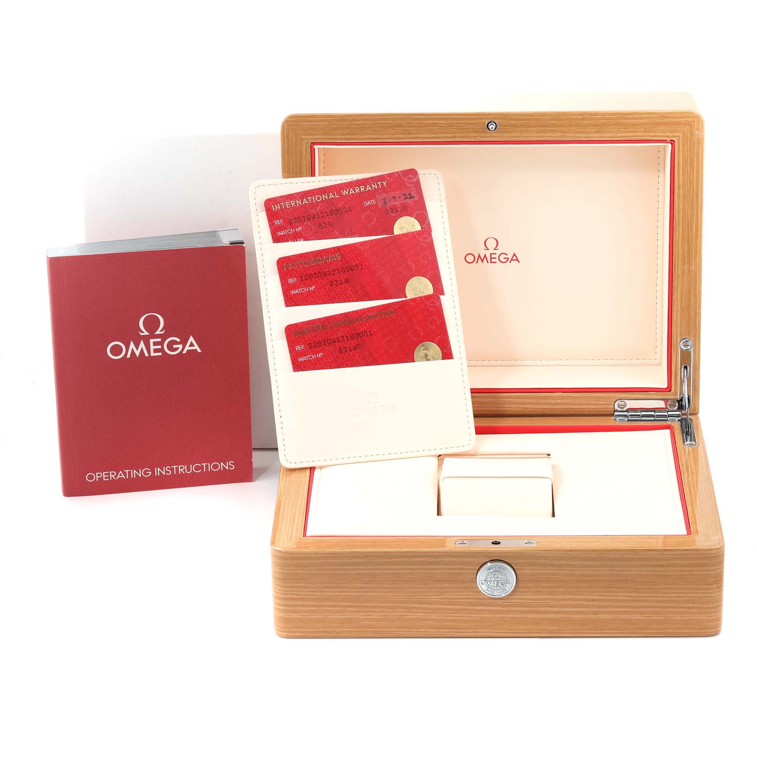 This image shows an Omega Aqua Terra 220.20.41.21.02.001 Men
s Steel and Gold (two tone) Silver Dial 220.20.41.21.02.001 Men
s Steel and Gold (two tone) Silver Dial watch box, warranty cards, and an instruction manual.