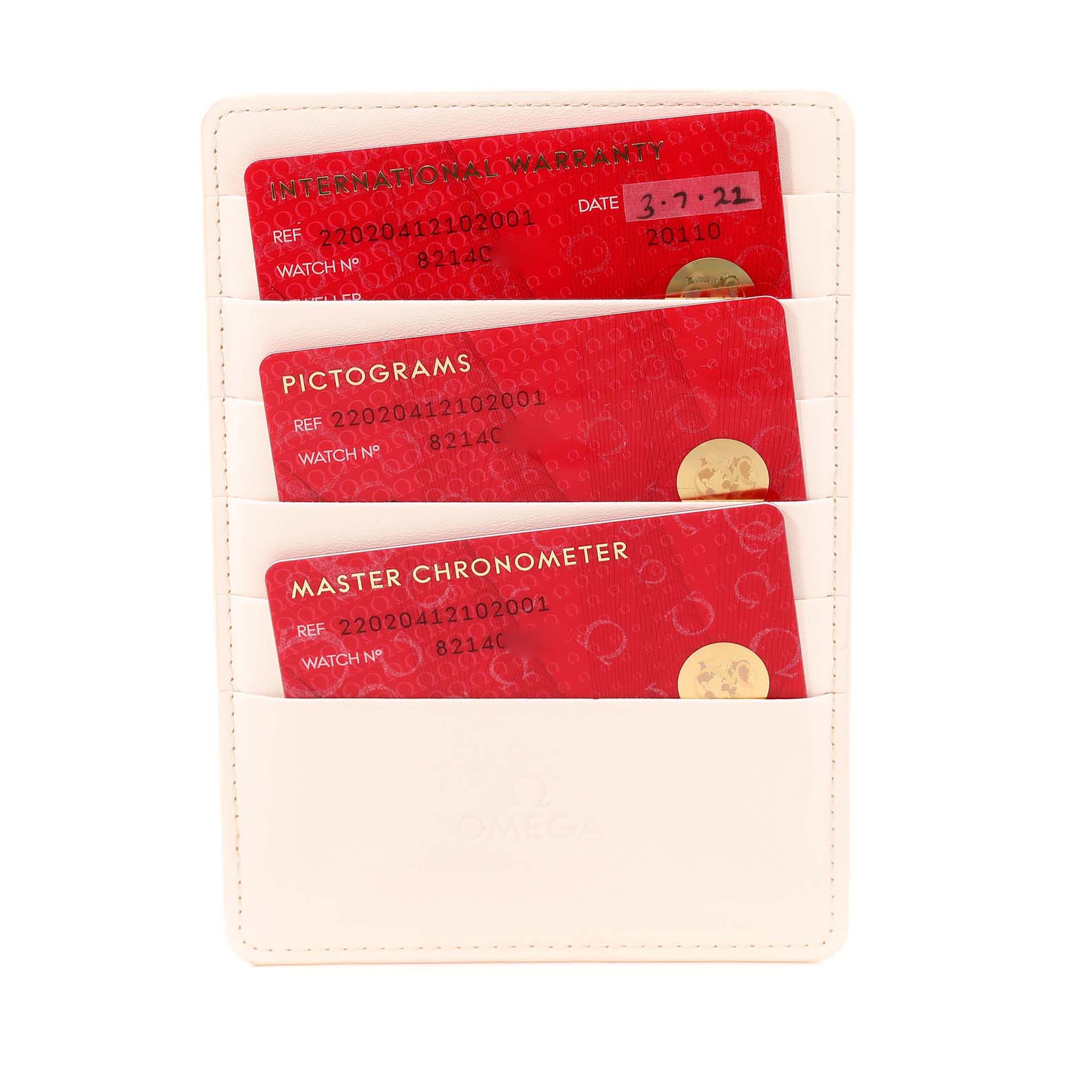 The image displays the warranty cards for the Omega Aqua Terra 220.20.41.21.02.001 Men
s Steel and Gold (two tone) Silver Dial 220.20.41.21.02.001 Men
s Steel and Gold (two tone) Silver Dial watch in a cardholder, showing the International Warranty, Pictograms, and Master Chronometer cards.