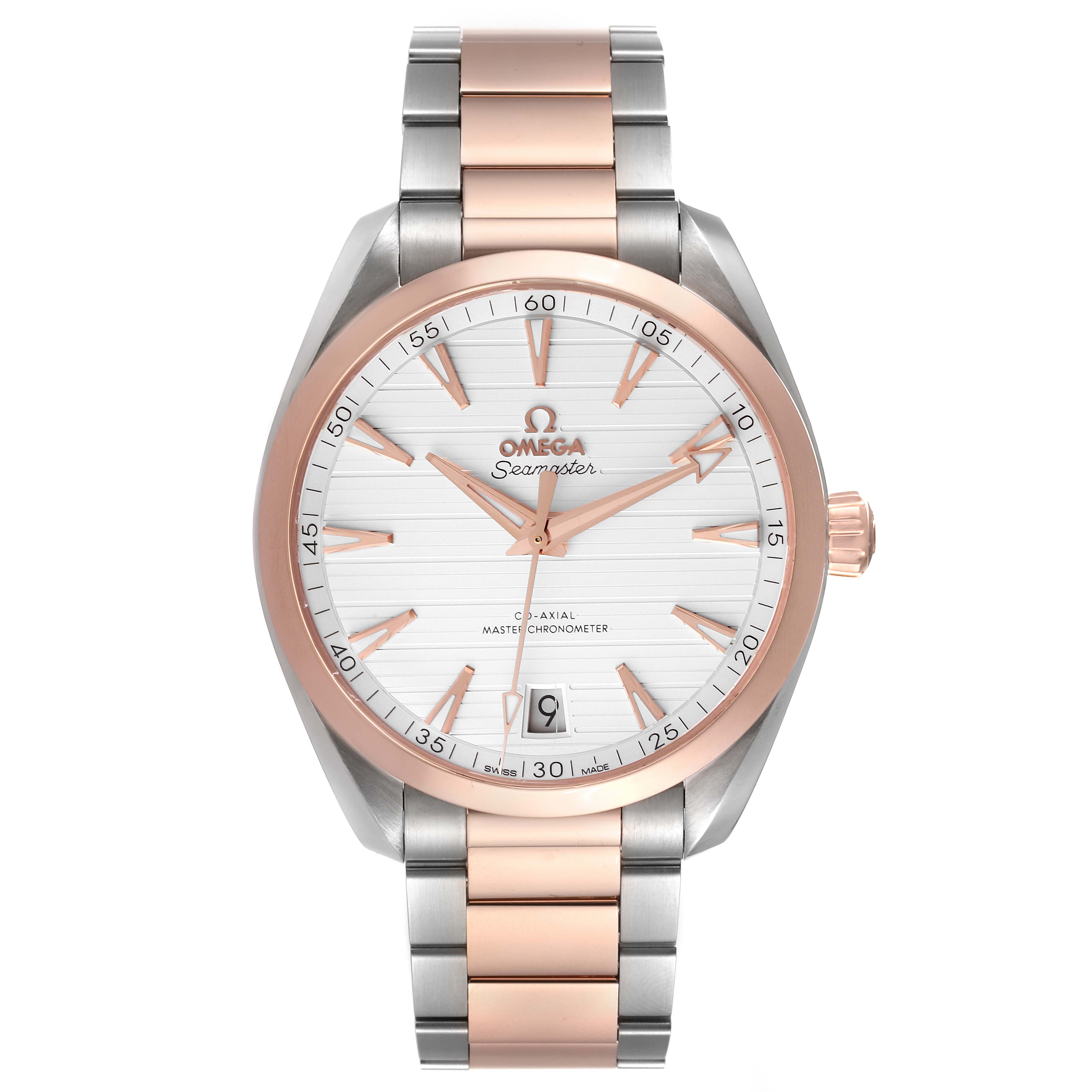 The image shows a front view of the Omega Seamaster Aqua Terra watch, highlighting the dial, bezel, and bracelet.