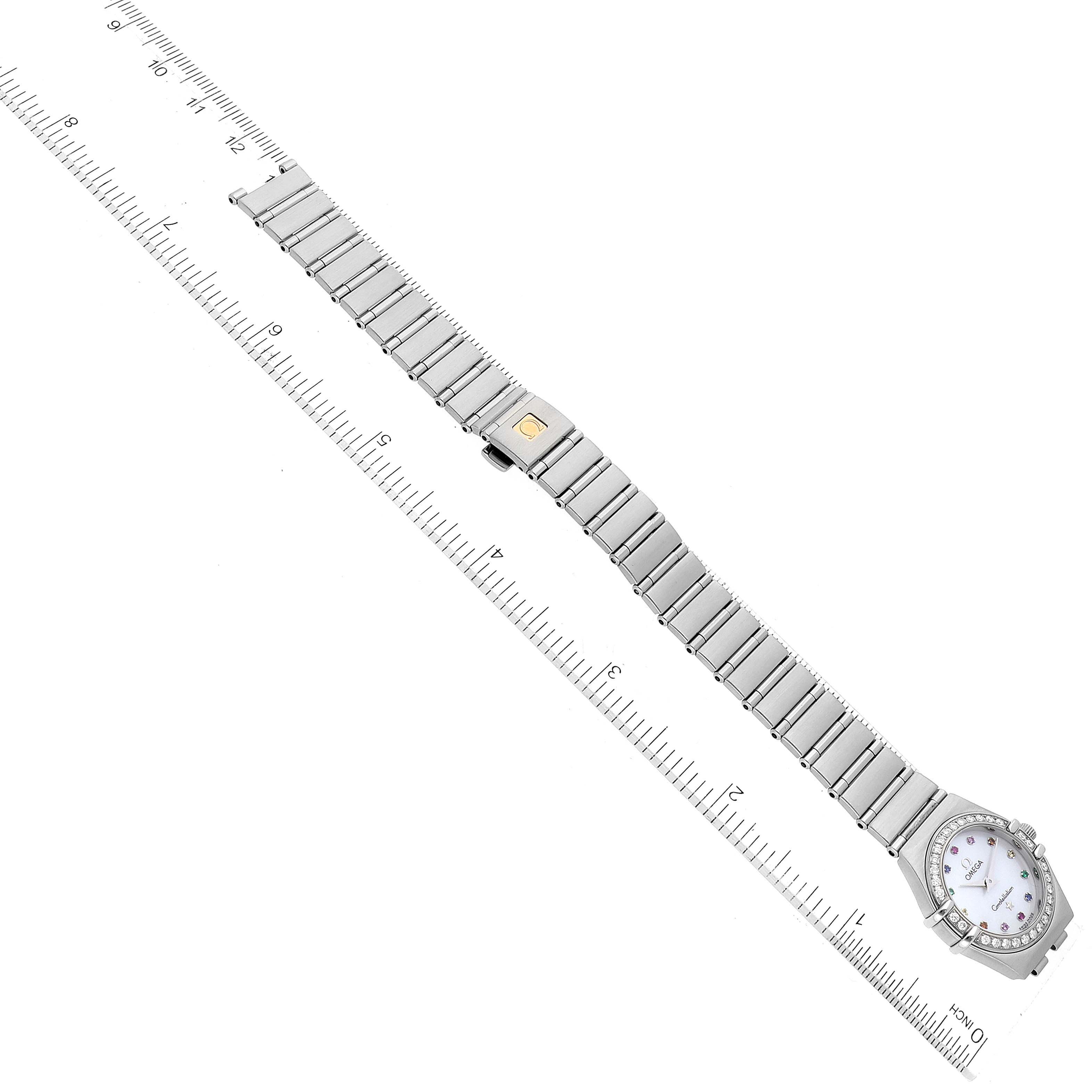 The Omega 1465.79.00 Women's Stainless Steel Mother of Pearl Dial 1465.79.00 Women's Stainless Steel Mother of Pearl Dial Constellation Iris My Choice 1465.79.00 watch is shown from an overhead angle, displaying the full band and face.