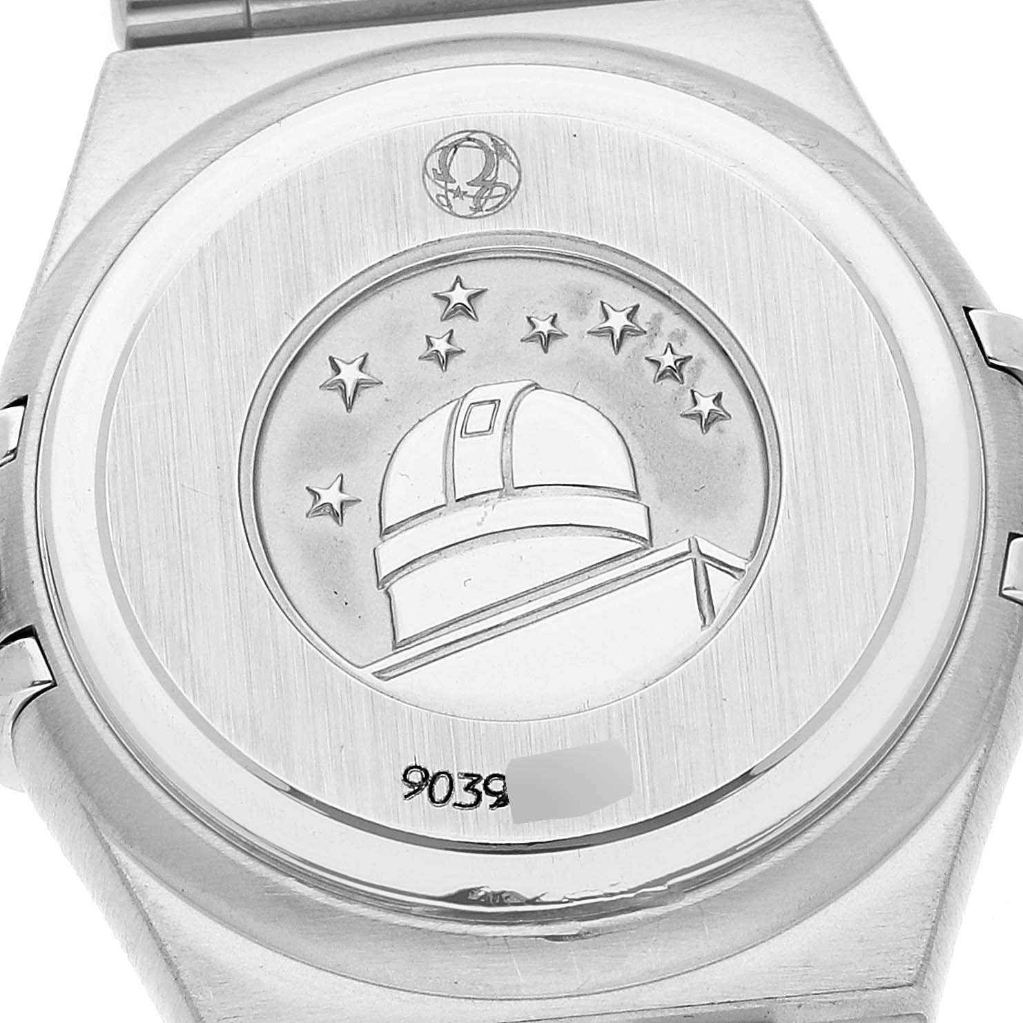This image shows the case back of the Omega 1465.79.00 Women's Stainless Steel Mother of Pearl Dial 1465.79.00 Women's Stainless Steel Mother of Pearl Dial Constellation Iris My Choice Steel Mother of Pearl Multi Stone Ladies Watch 1465.79.00 model.