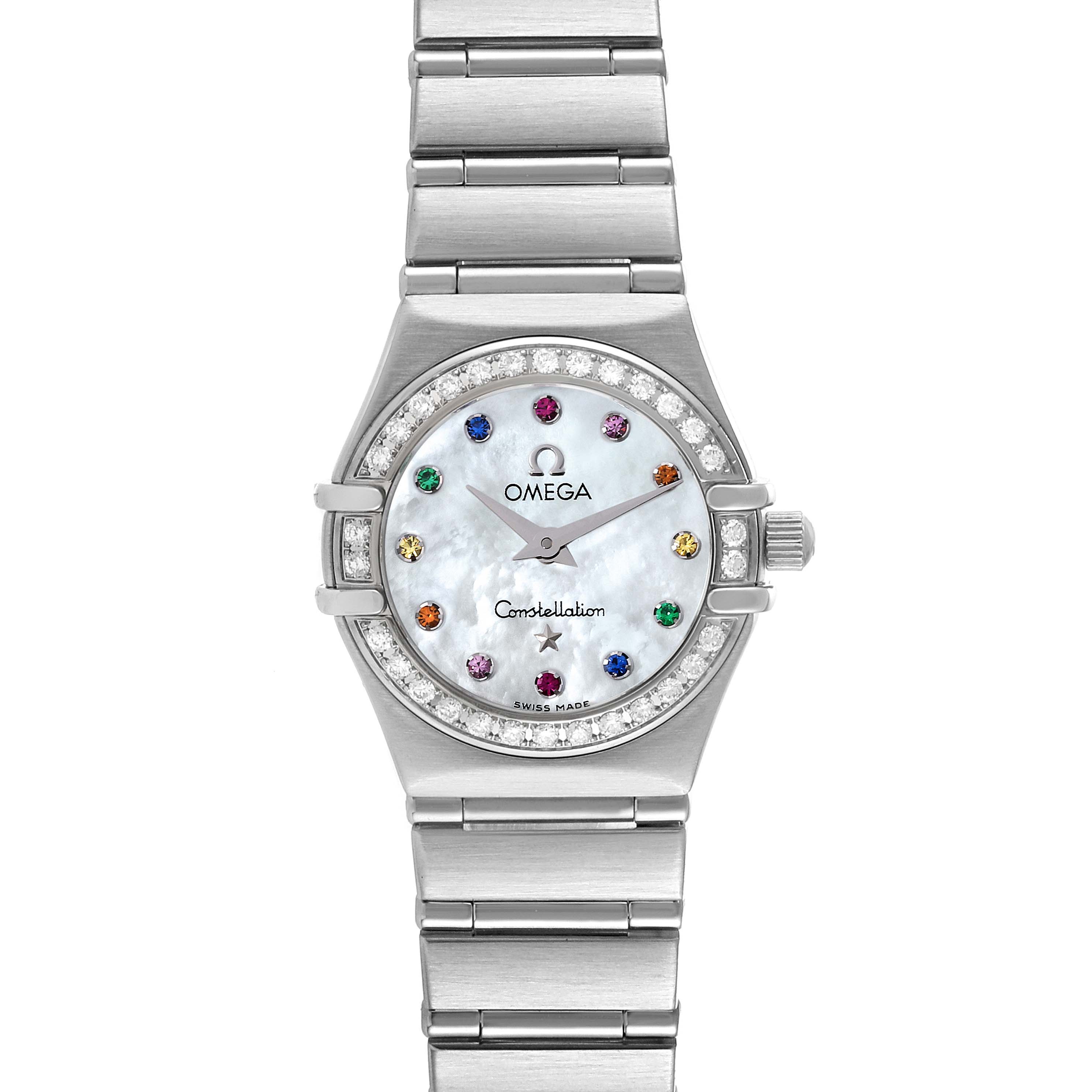 The image shows a front view of the Omega 1465.79.00 Women's Stainless Steel Mother of Pearl Dial 1465.79.00 Women's Stainless Steel Mother of Pearl Dial Constellation Iris My Choice Steel Mother of Pearl Multi Stone Ladies Watch 1465.79.00.