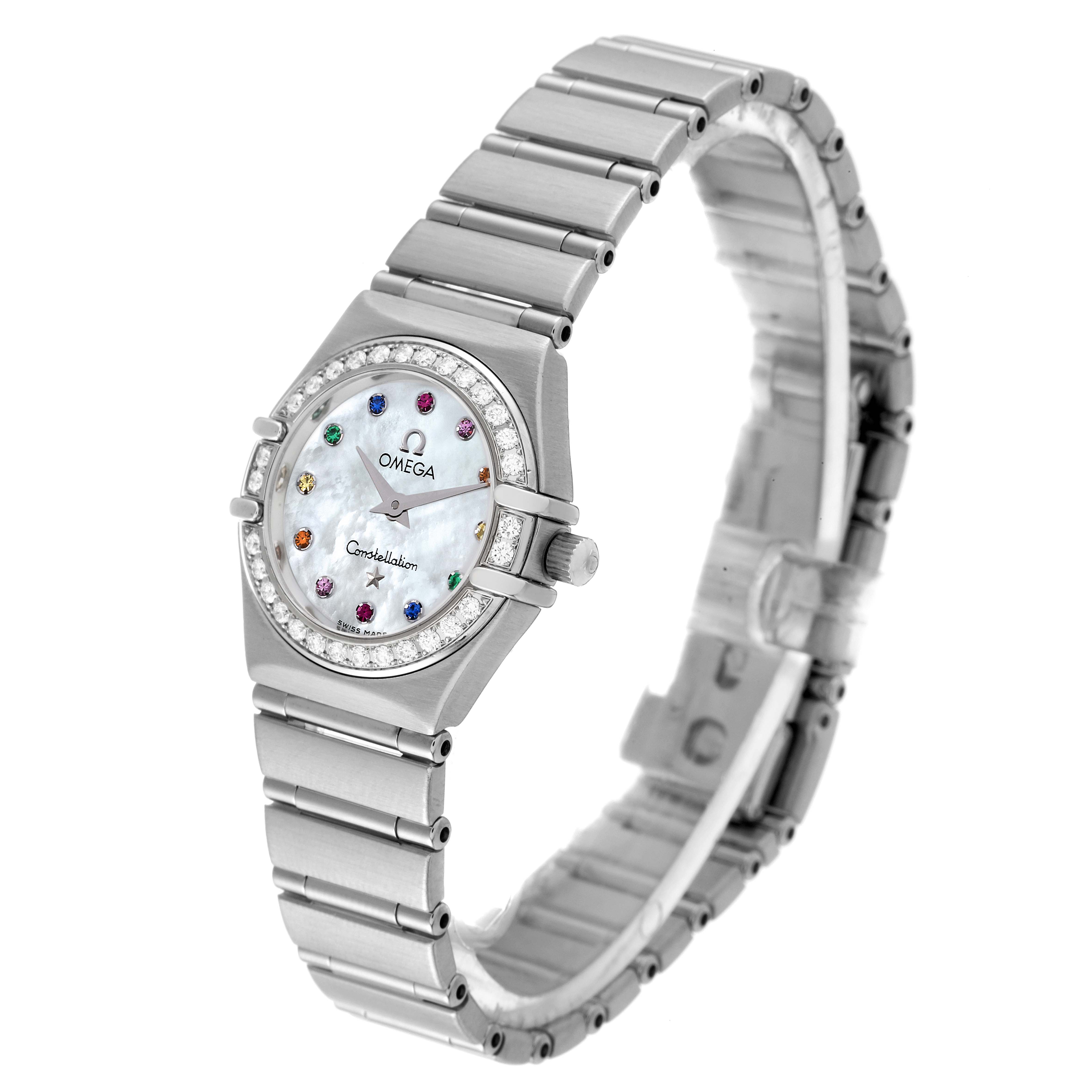 The Omega 1465.79.00 Women's Stainless Steel Mother of Pearl Dial 1465.79.00 Women's Stainless Steel Mother of Pearl Dial Constellation Iris My Choice model 1465.79.00 is shown from a side angle, revealing the face, bezel, and bracelet.