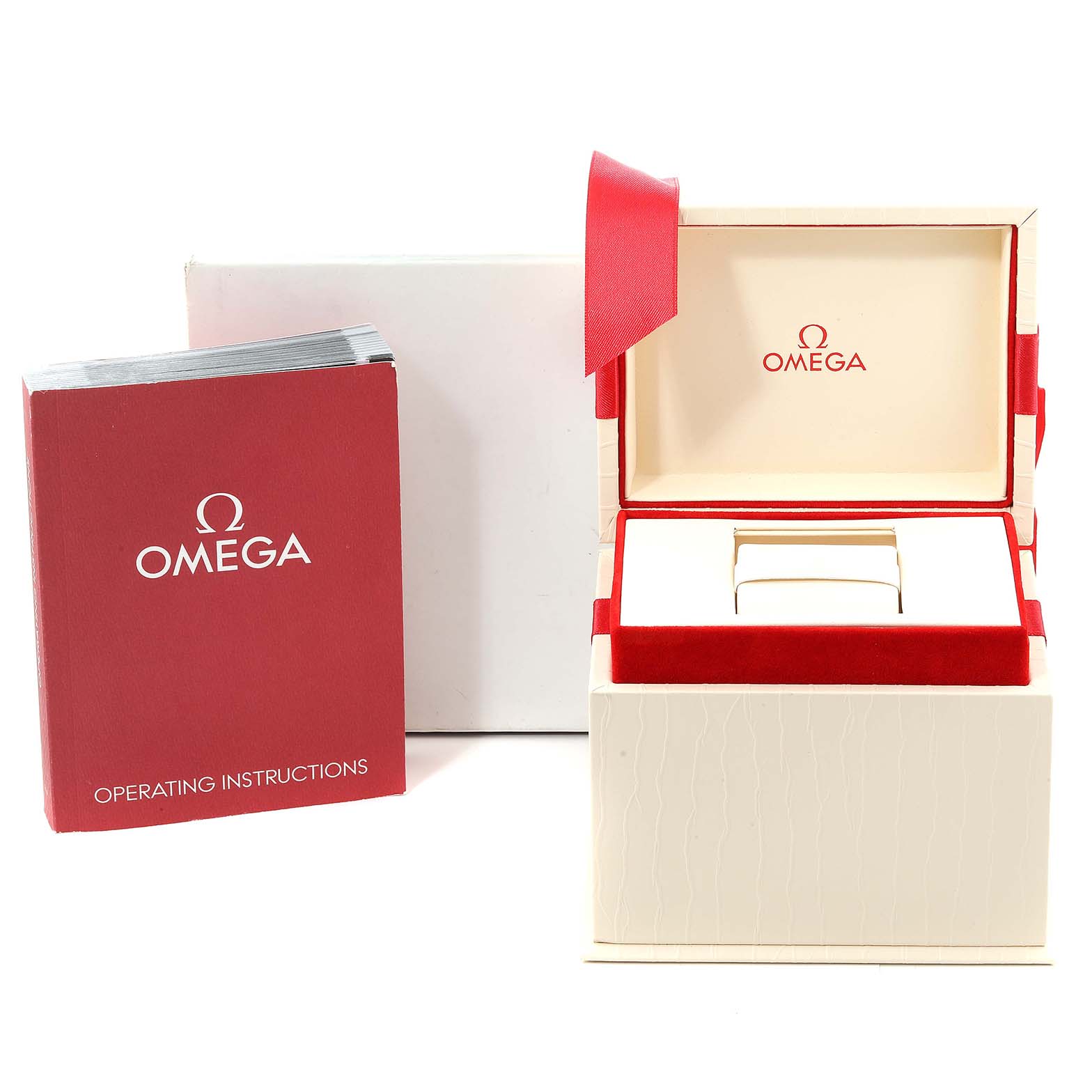 The image shows the Omega 1465.79.00 Women's Stainless Steel Mother of Pearl Dial 1465.79.00 Women's Stainless Steel Mother of Pearl Dial Constellation Iris My Choice Steel Mother of Pearl Multi Stone Ladies Watch 1465.79.00 packaging and instruction booklet.