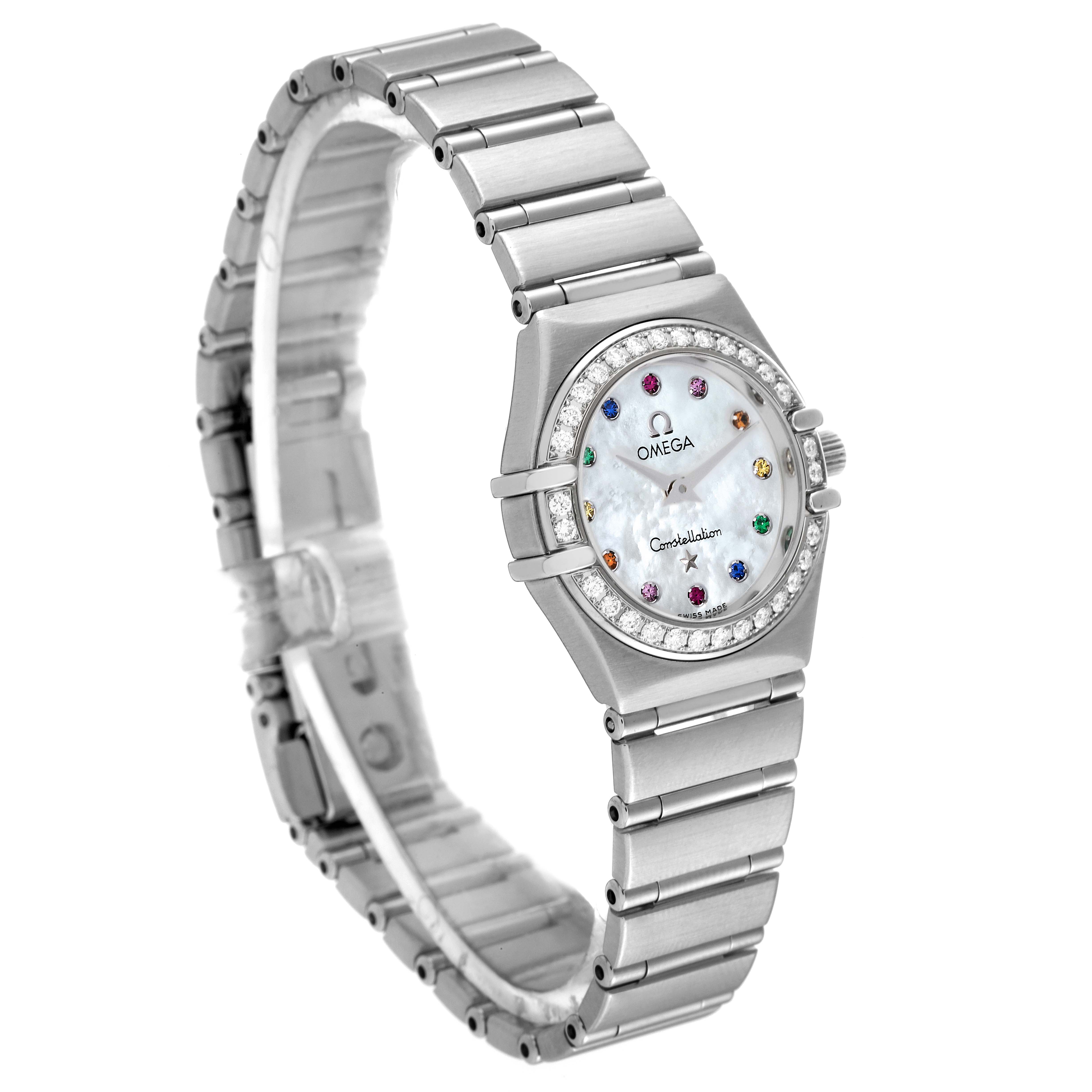 The Omega 1465.79.00 Women's Stainless Steel Mother of Pearl Dial 1465.79.00 Women's Stainless Steel Mother of Pearl Dial Constellation Iris My Choice Steel Mother of Pearl Multi Stone Ladies Watch 1465.79.00 is shown at a slight angle, displaying the front and bracelet.