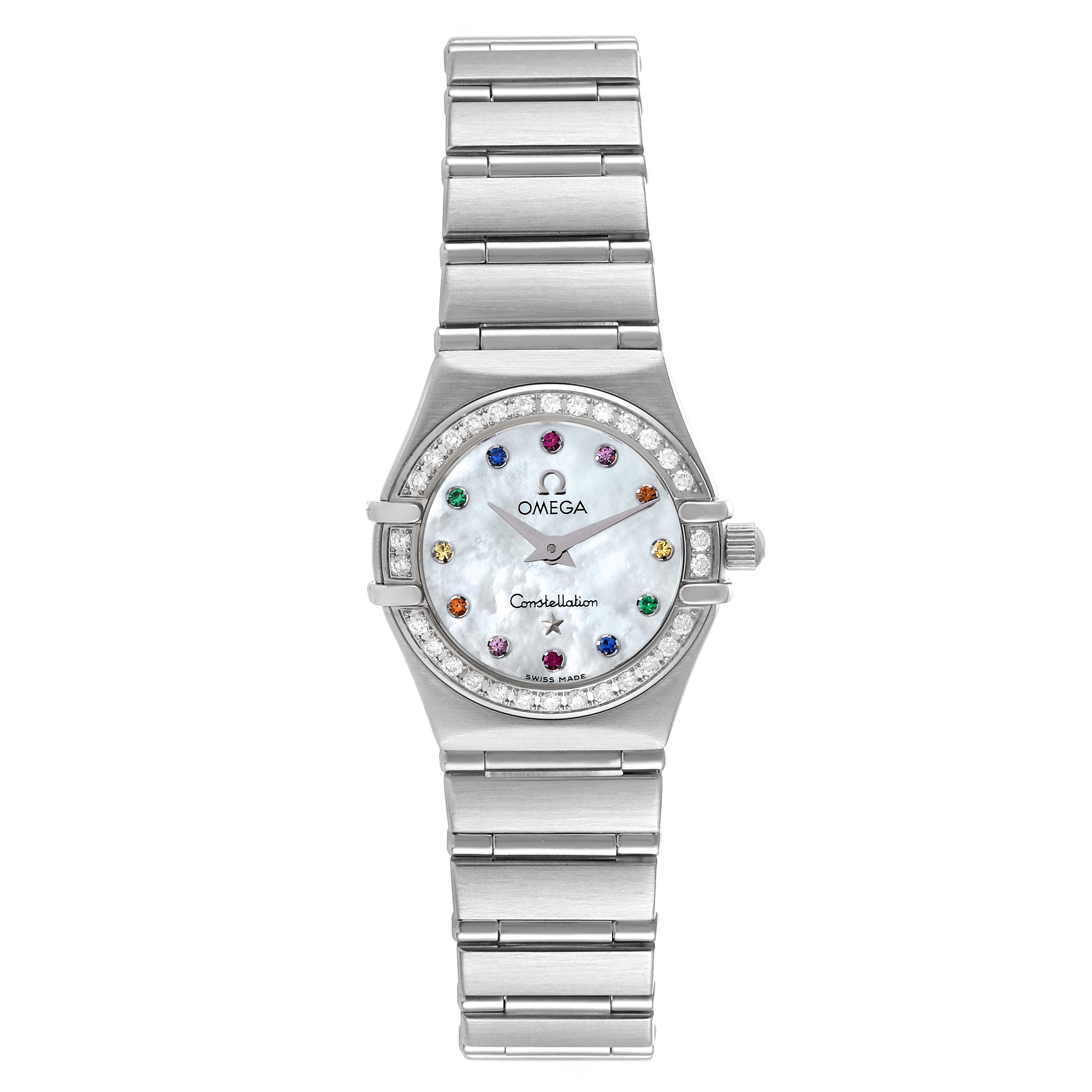 The Omega 1465.79.00 Women's Stainless Steel Mother of Pearl Dial 1465.79.00 Women's Stainless Steel Mother of Pearl Dial Constellation Iris My Choice 1465.79.00 watch is shown from a front angle, displaying the face, bezel, and bracelet.