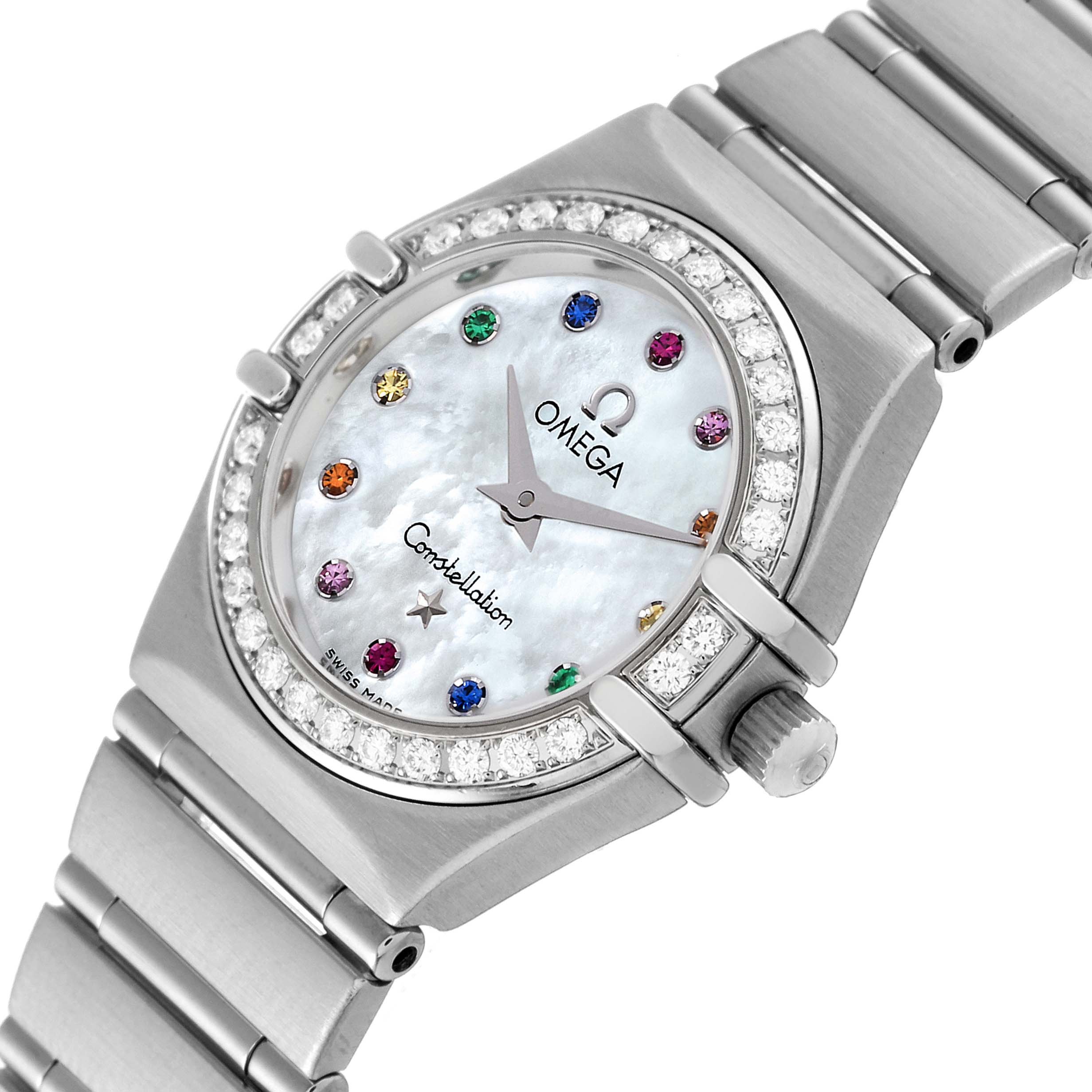 The image shows the dial and bracelet of the Omega 1465.79.00 Women's Stainless Steel Mother of Pearl Dial 1465.79.00 Women's Stainless Steel Mother of Pearl Dial Constellation Iris My Choice Steel Mother of Pearl Multi Stone Ladies Watch 1465.79.00 from an angled top view.