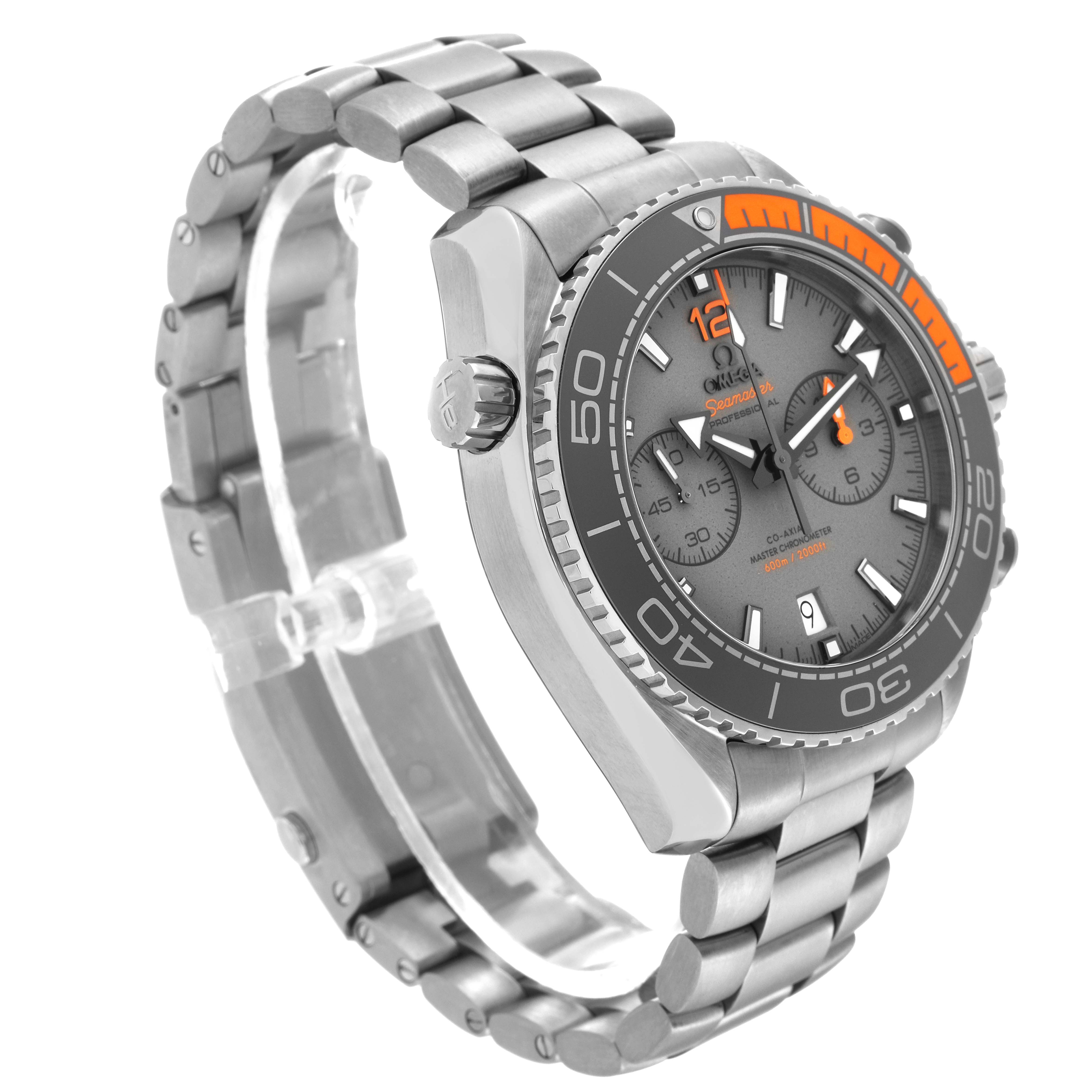 The image shows an angled view of the Omega Planet Ocean 215.90.46.51.99.001 Men's Titanium Grey Dial 215.90.46.51.99.001 Men's Titanium Grey Dial watch, highlighting the dial, bezel, crown, and metal bracelet.