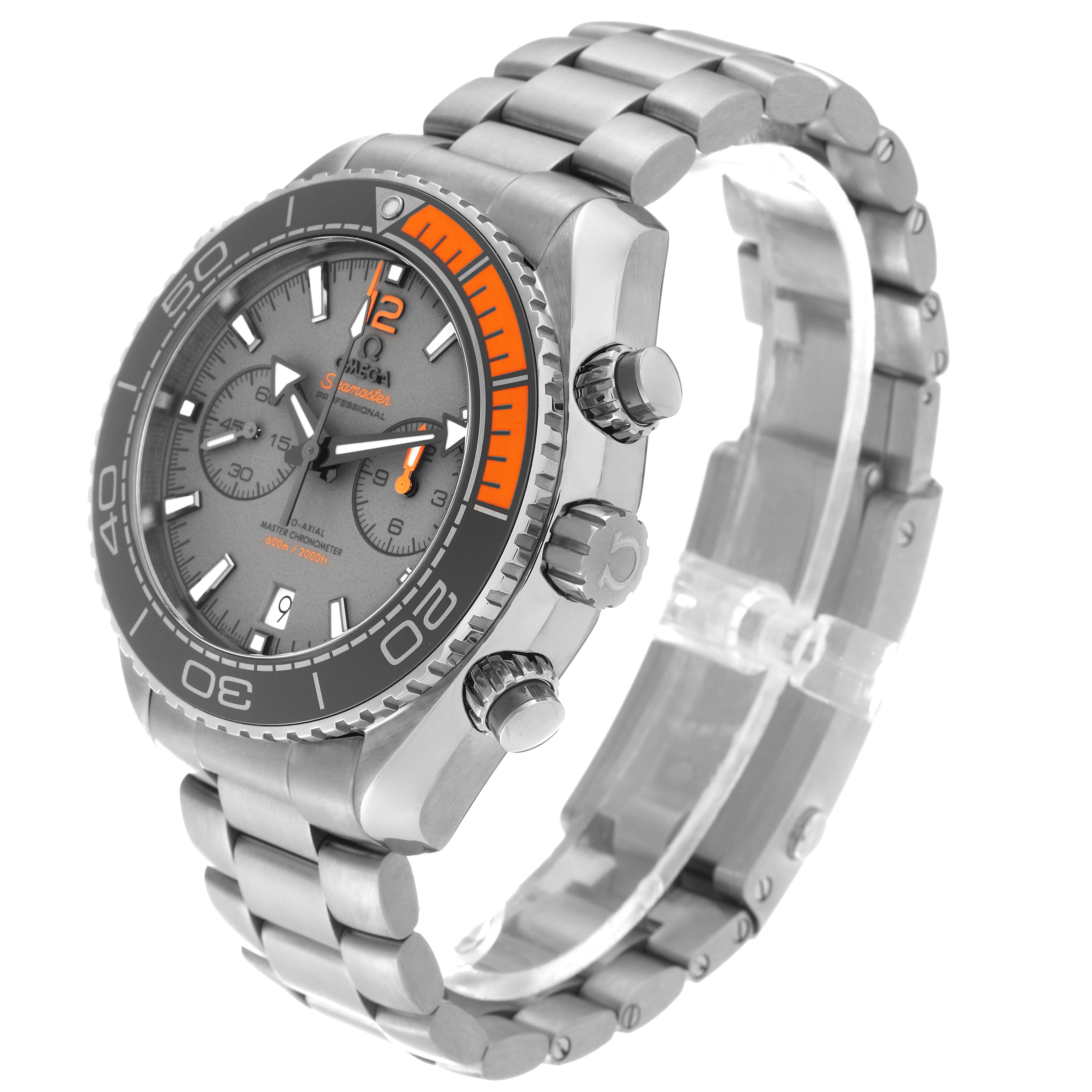 The image shows an Omega Planet Ocean 215.90.46.51.99.001 Men's Titanium Grey Dial 215.90.46.51.99.001 Men's Titanium Grey Dial watch from an angled side view, displaying the face, case, and bracelet in detail.