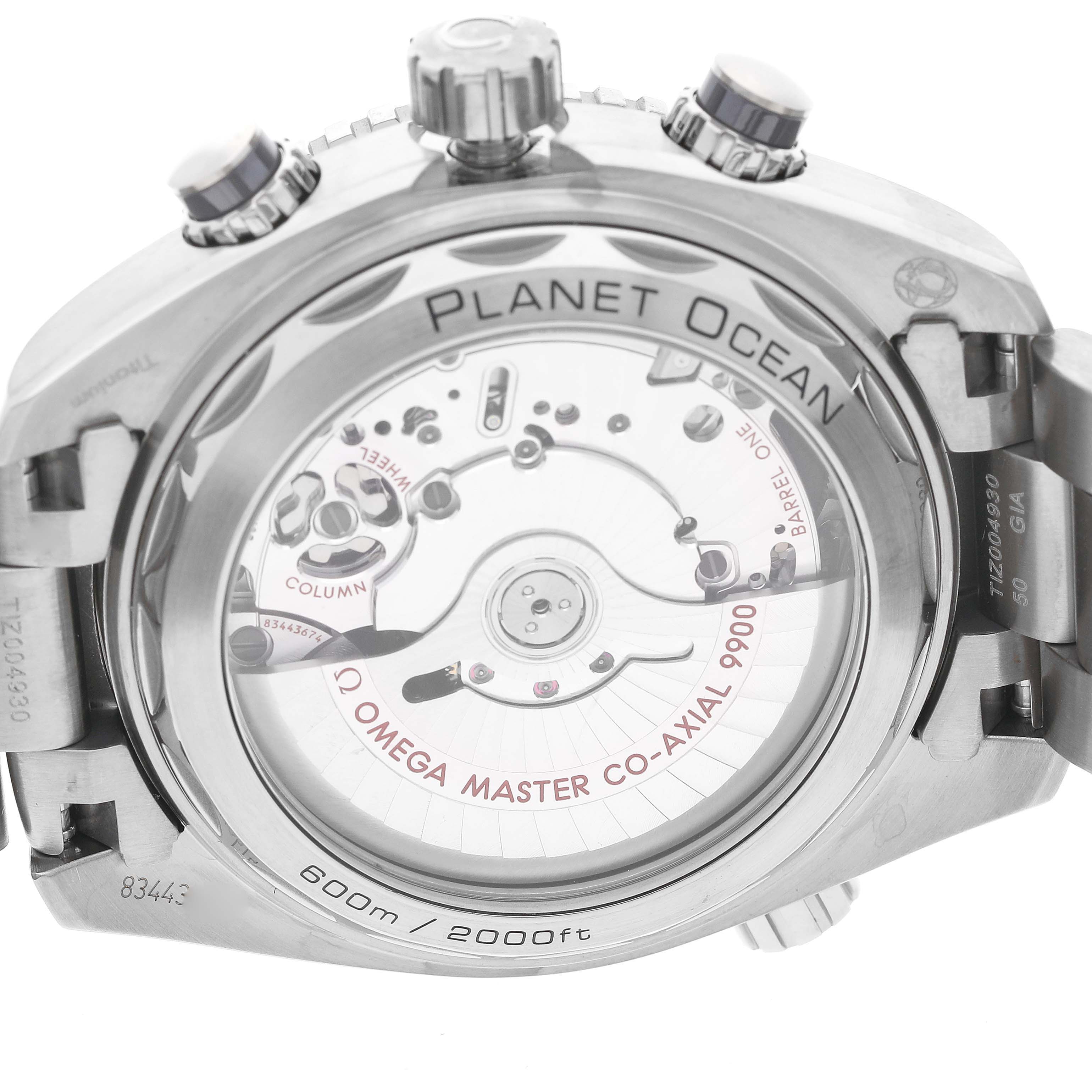 The image shows the back of the Omega Planet Ocean 215.90.46.51.99.001 Men's Titanium Grey Dial 215.90.46.51.99.001 Men's Titanium Grey Dial watch, featuring its exposed movement and engraved details.