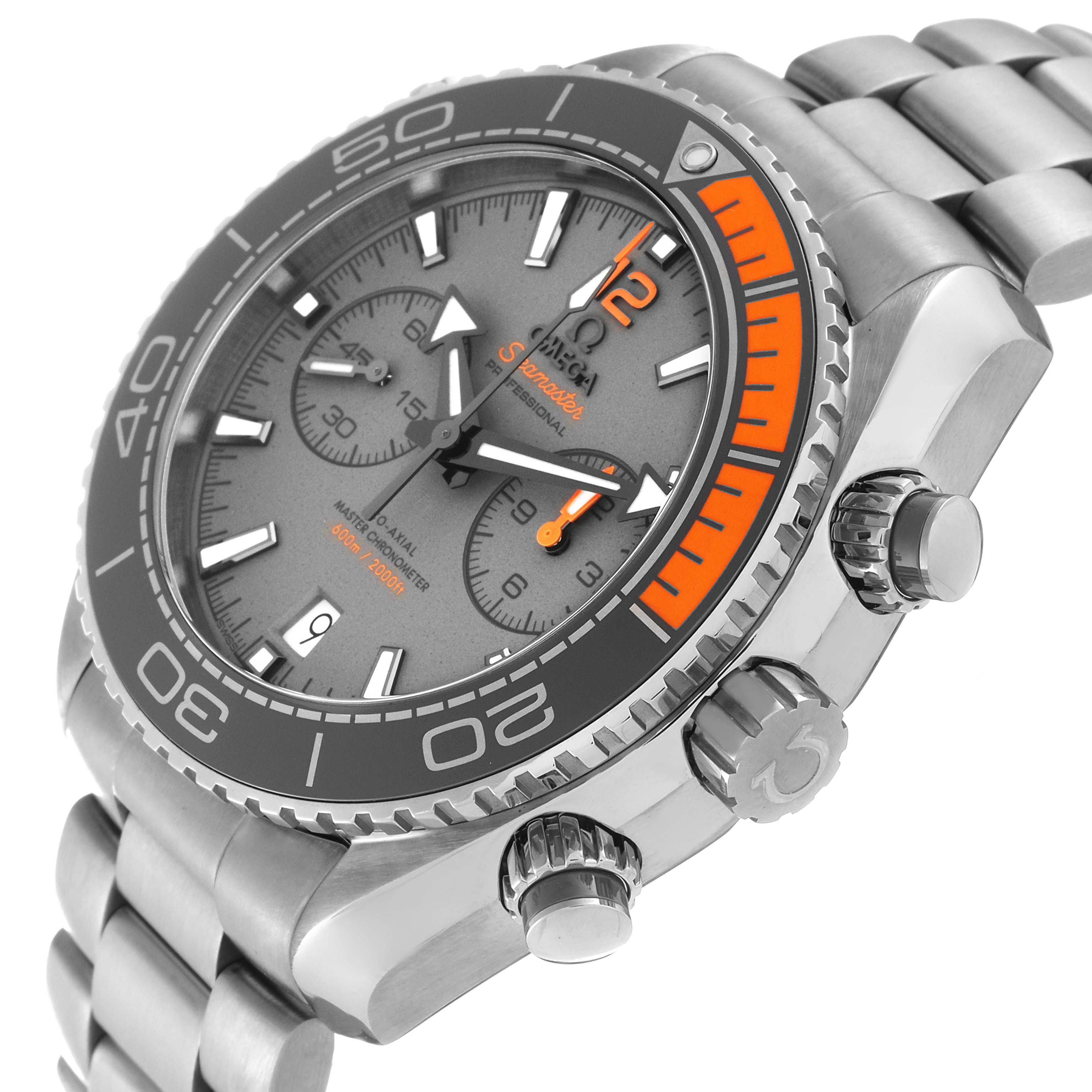 The image shows a side angle of the Omega Planet Ocean 215.90.46.51.99.001 Men's Titanium Grey Dial 215.90.46.51.99.001 Men's Titanium Grey Dial watch, highlighting its bezel, dial, crown, and bracelet.
