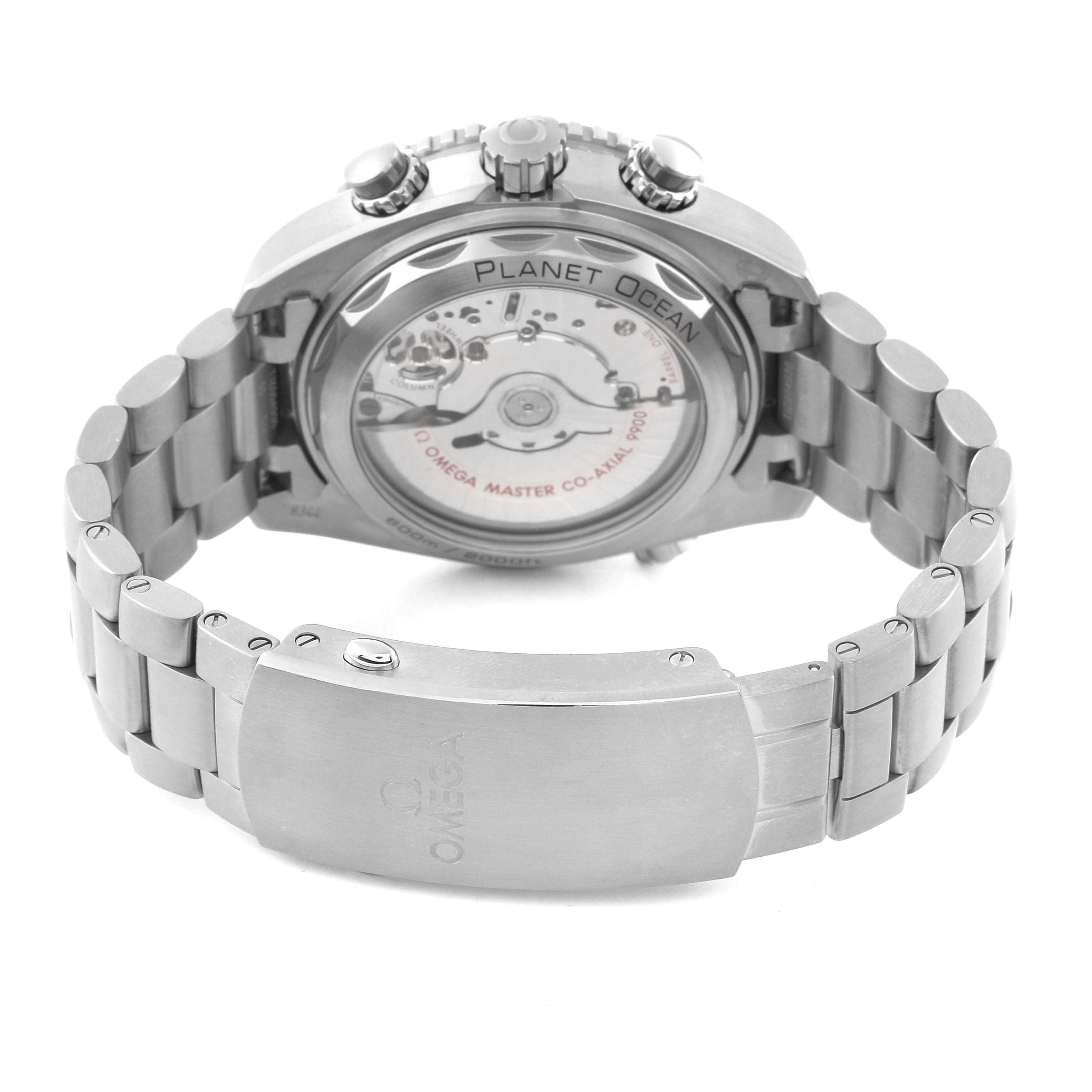 The image shows the back casing and bracelet of the Omega Planet Ocean 215.90.46.51.99.001 Men's Titanium Grey Dial 215.90.46.51.99.001 Men's Titanium Grey Dial watch, highlighting the movement and clasp.