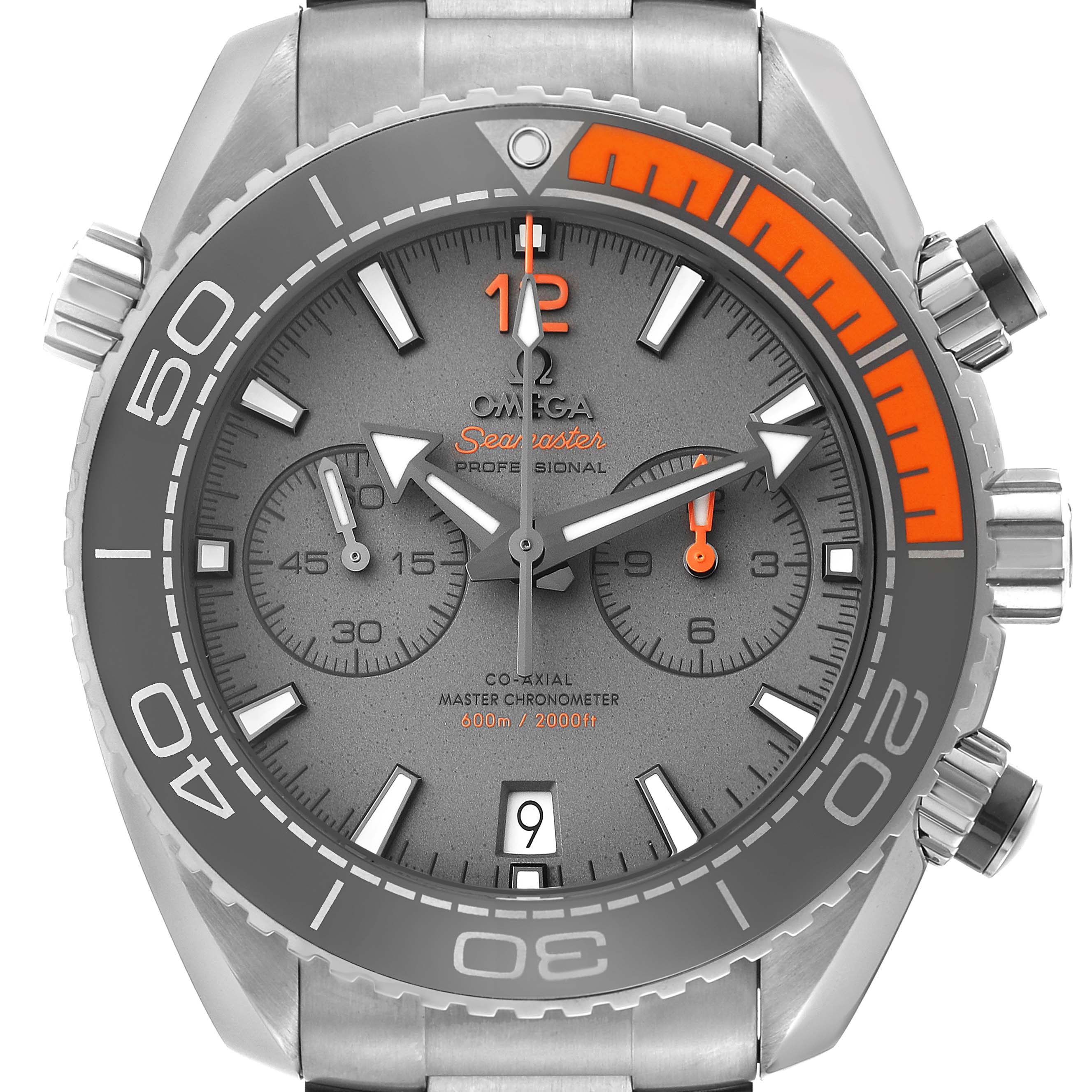 The image shows a close-up of the Omega Planet Ocean 215.90.46.51.99.001 Men's Titanium Grey Dial 215.90.46.51.99.001 Men's Titanium Grey Dial Seamaster watch face, including its bezel, dial, chronograph subdials, and crown.