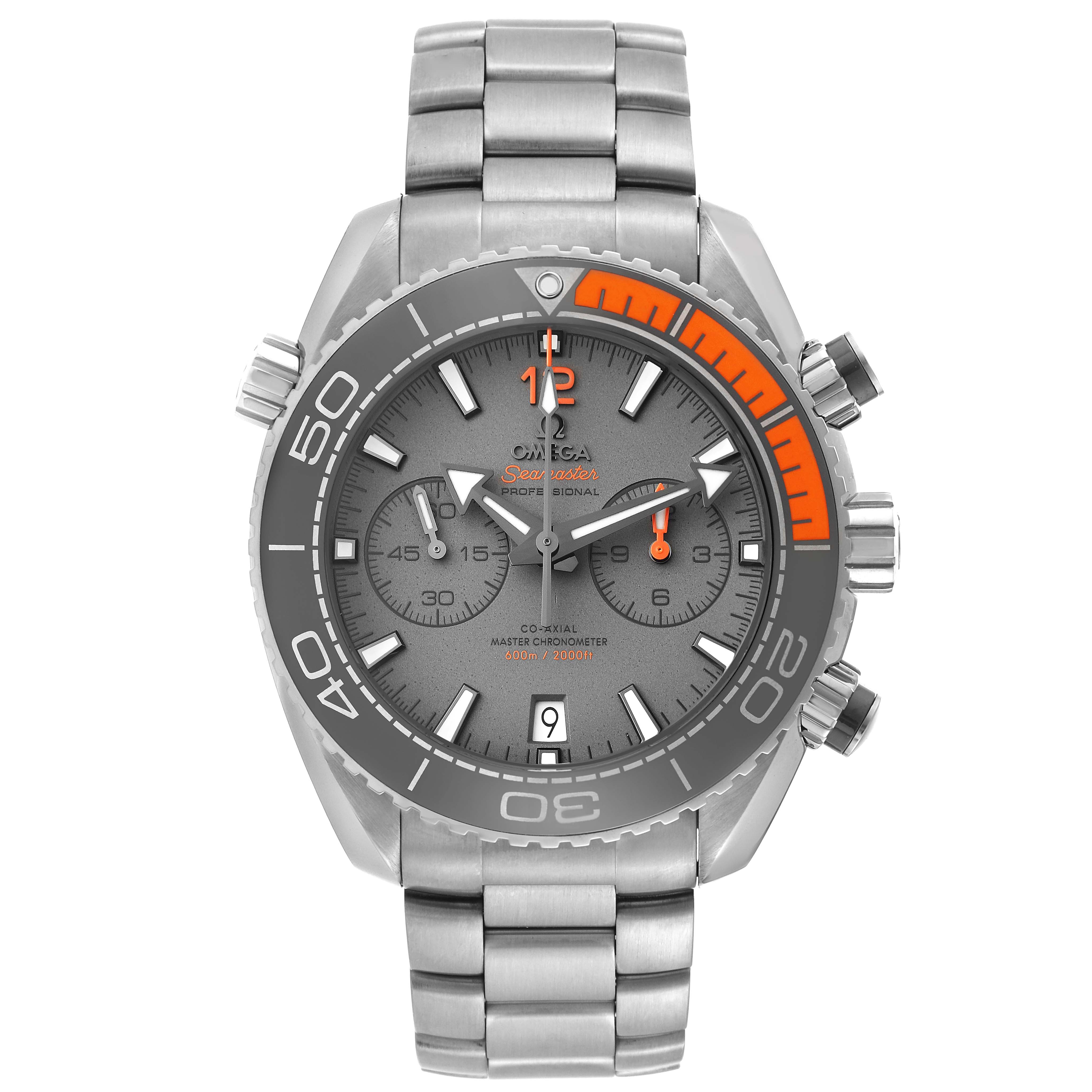 The Omega Planet Ocean 215.90.46.51.99.001 Men's Titanium Grey Dial 215.90.46.51.99.001 Men's Titanium Grey Dial watch is shown from a front angle, displaying its face, bezel, crown, and bracelet.