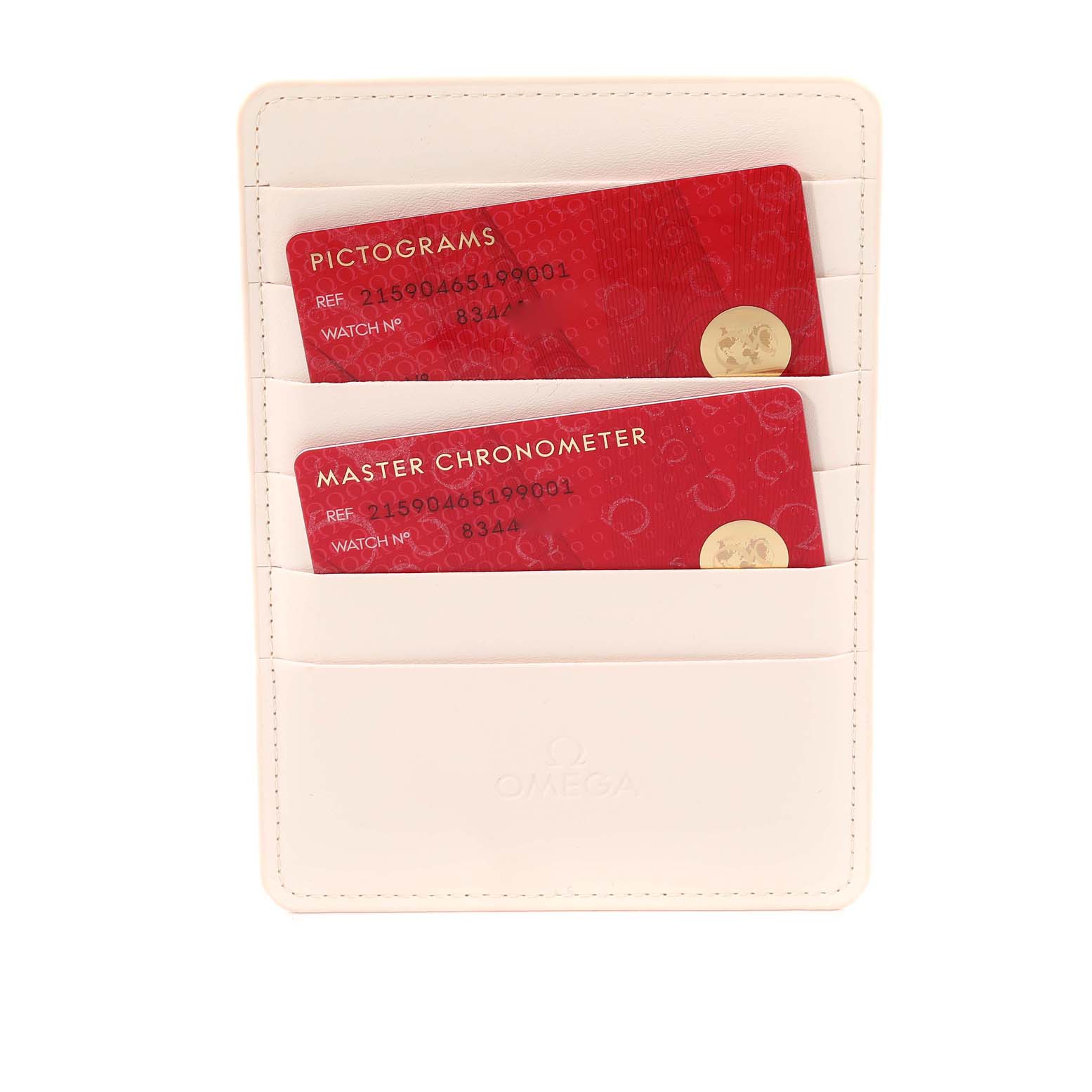 The image shows warranty cards for the Omega Planet Ocean 215.90.46.51.99.001 Men's Titanium Grey Dial 215.90.46.51.99.001 Men's Titanium Grey Dial model, placed in a white cardholder.