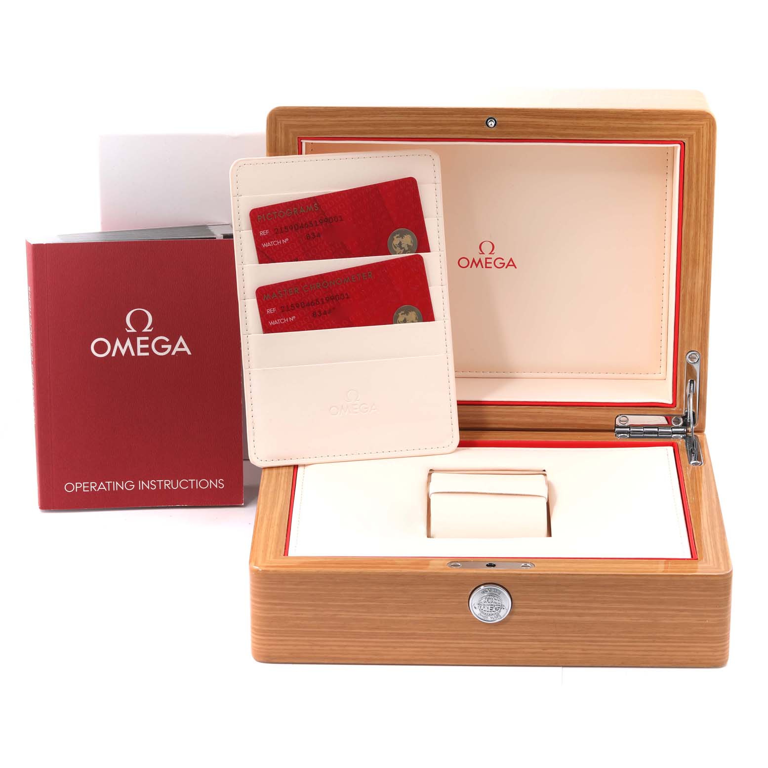 The image shows the open box, cards, and operating instructions of an Omega Planet Ocean 215.90.46.51.99.001 Men's Titanium Grey Dial 215.90.46.51.99.001 Men's Titanium Grey Dial watch.