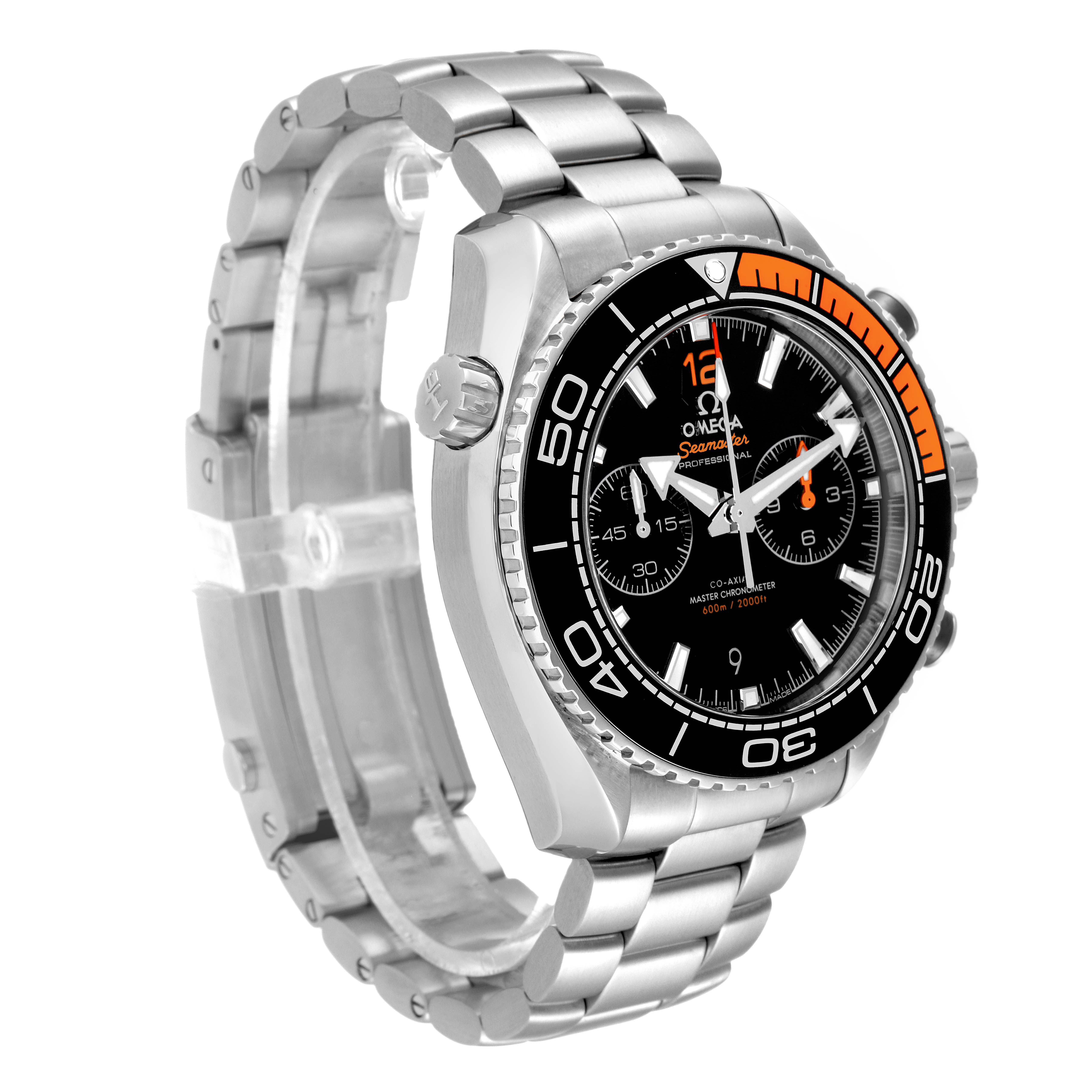 The image shows an Omega Planet Ocean 215.30.46.51.01.002 Men
s Stainless Steel Black Dial 215.30.46.51.01.002 Men
s Stainless Steel Black Dial watch angled to display the bezel, dial, crown, pushers, and bracelet.