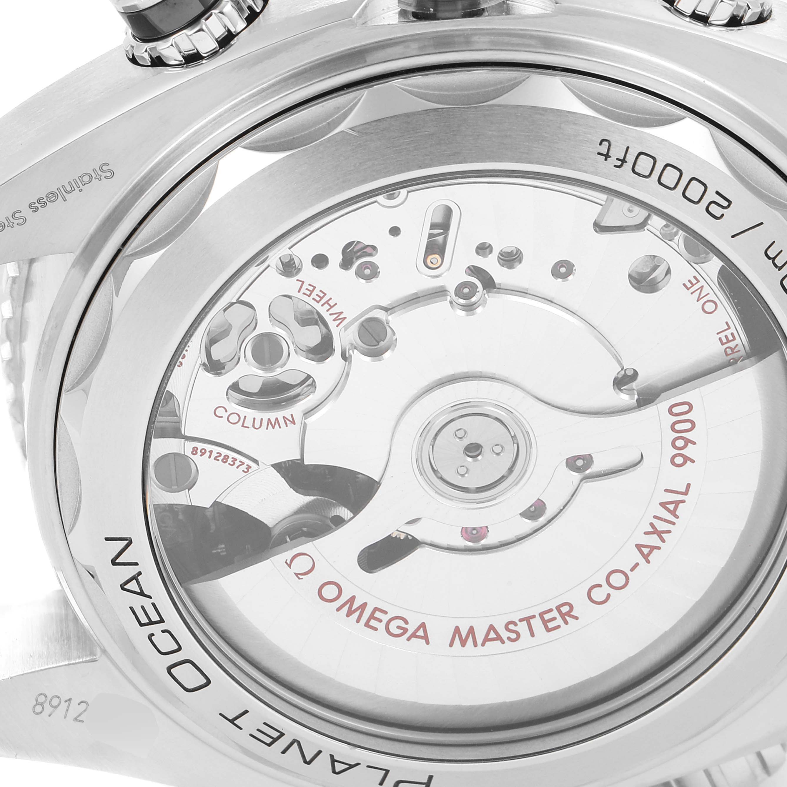 This image shows the back view of an Omega Planet Ocean 215.30.46.51.01.002 Men
s Stainless Steel Black Dial 215.30.46.51.01.002 Men
s Stainless Steel Black Dial watch, focusing on its Omega Master Co-Axial 9900 movement.