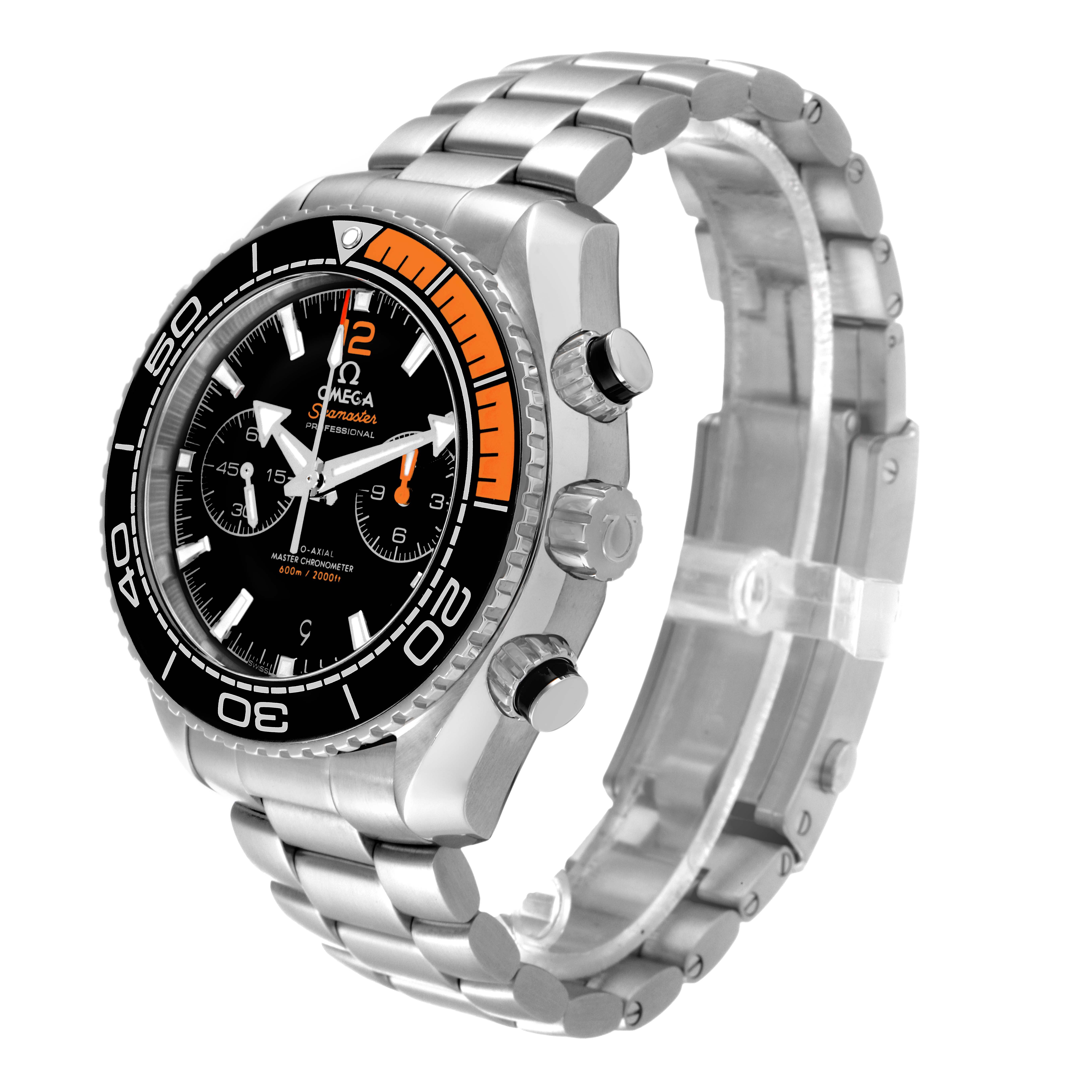 The image shows a side and front angle of the Omega Planet Ocean 215.30.46.51.01.002 Men
s Stainless Steel Black Dial 215.30.46.51.01.002 Men
s Stainless Steel Black Dial watch, featuring its bezel, dial, and bracelet.