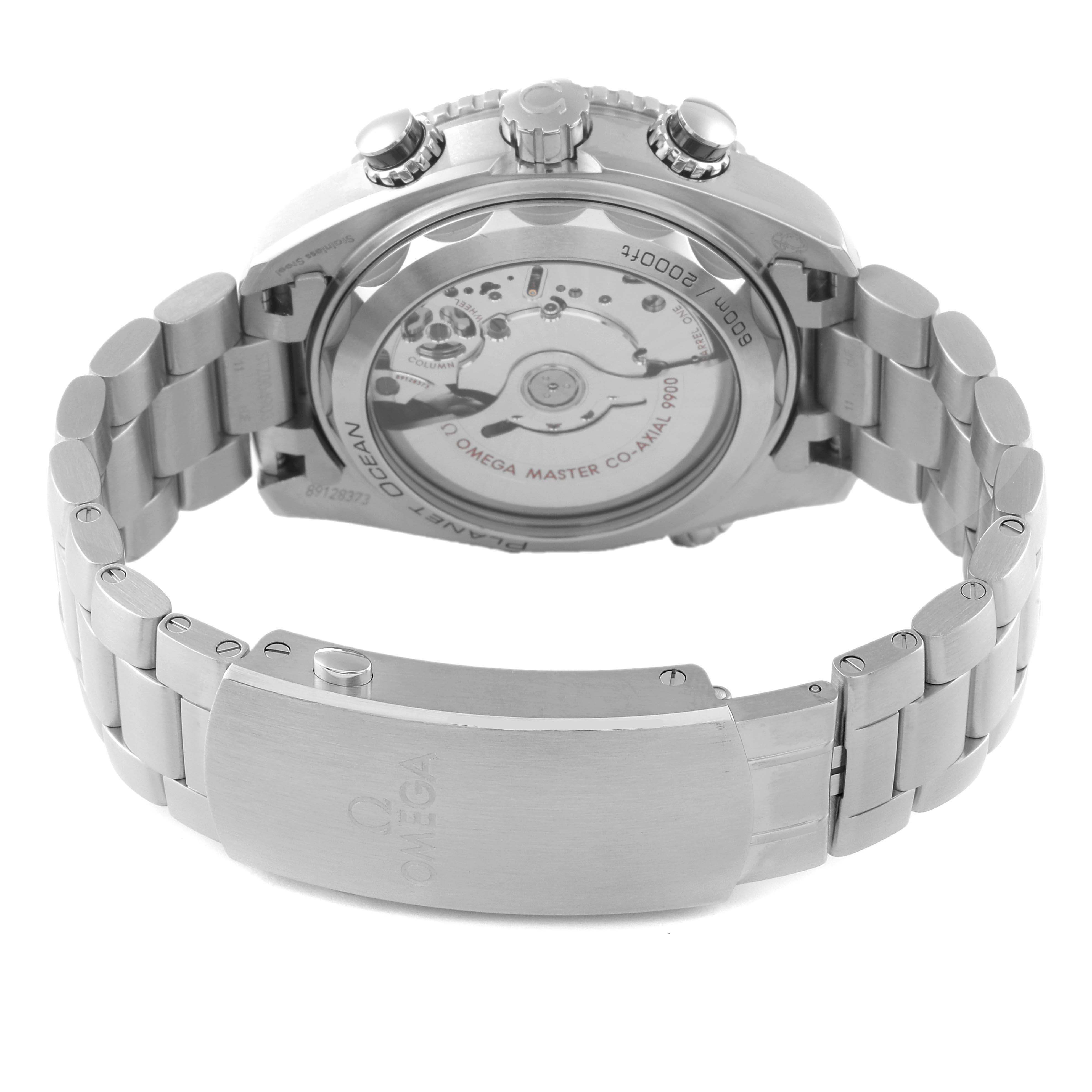 This image shows the back case and bracelet of the Omega Planet Ocean 215.30.46.51.01.002 Men
s Stainless Steel Black Dial 215.30.46.51.01.002 Men
s Stainless Steel Black Dial watch, highlighting the movement and clasp.