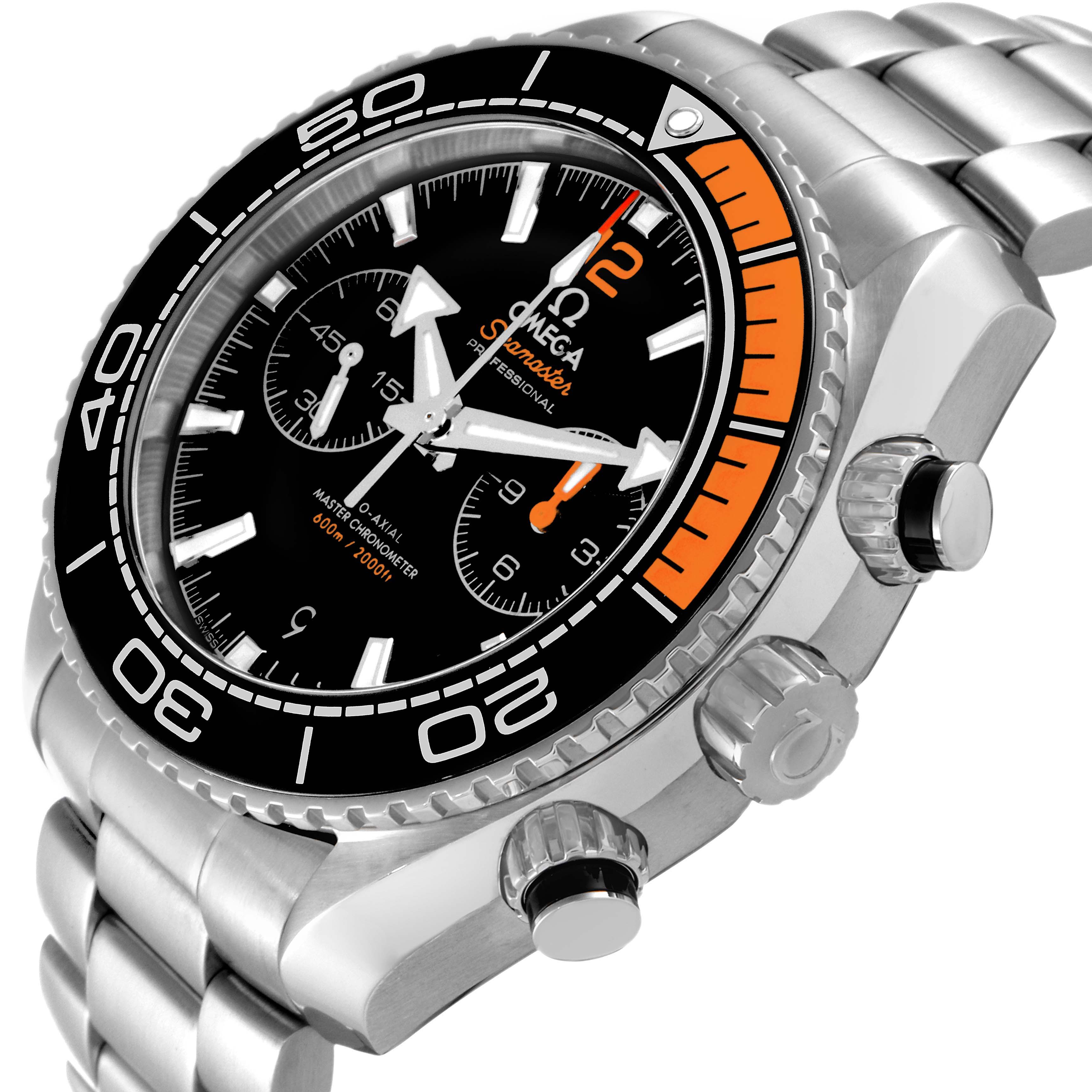 The image shows an angled view of an Omega Planet Ocean 215.30.46.51.01.002 Men
s Stainless Steel Black Dial 215.30.46.51.01.002 Men
s Stainless Steel Black Dial watch, highlighting the bezel, dial, and pushers.