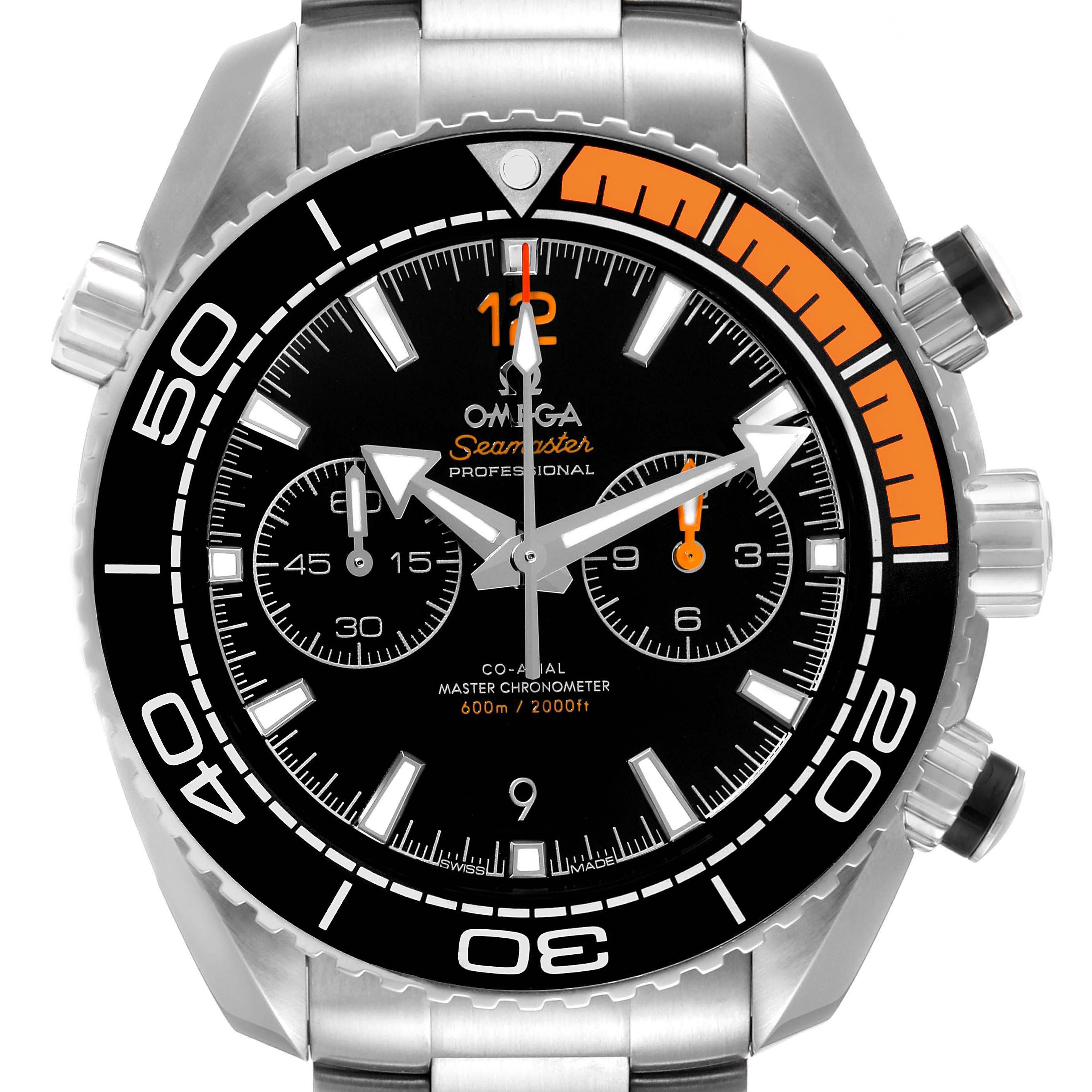 The image shows a front view of the Omega Planet Ocean 215.30.46.51.01.002 Men
s Stainless Steel Black Dial 215.30.46.51.01.002 Men
s Stainless Steel Black Dial Seamaster watch, highlighting the bezel, dial, and chronograph.