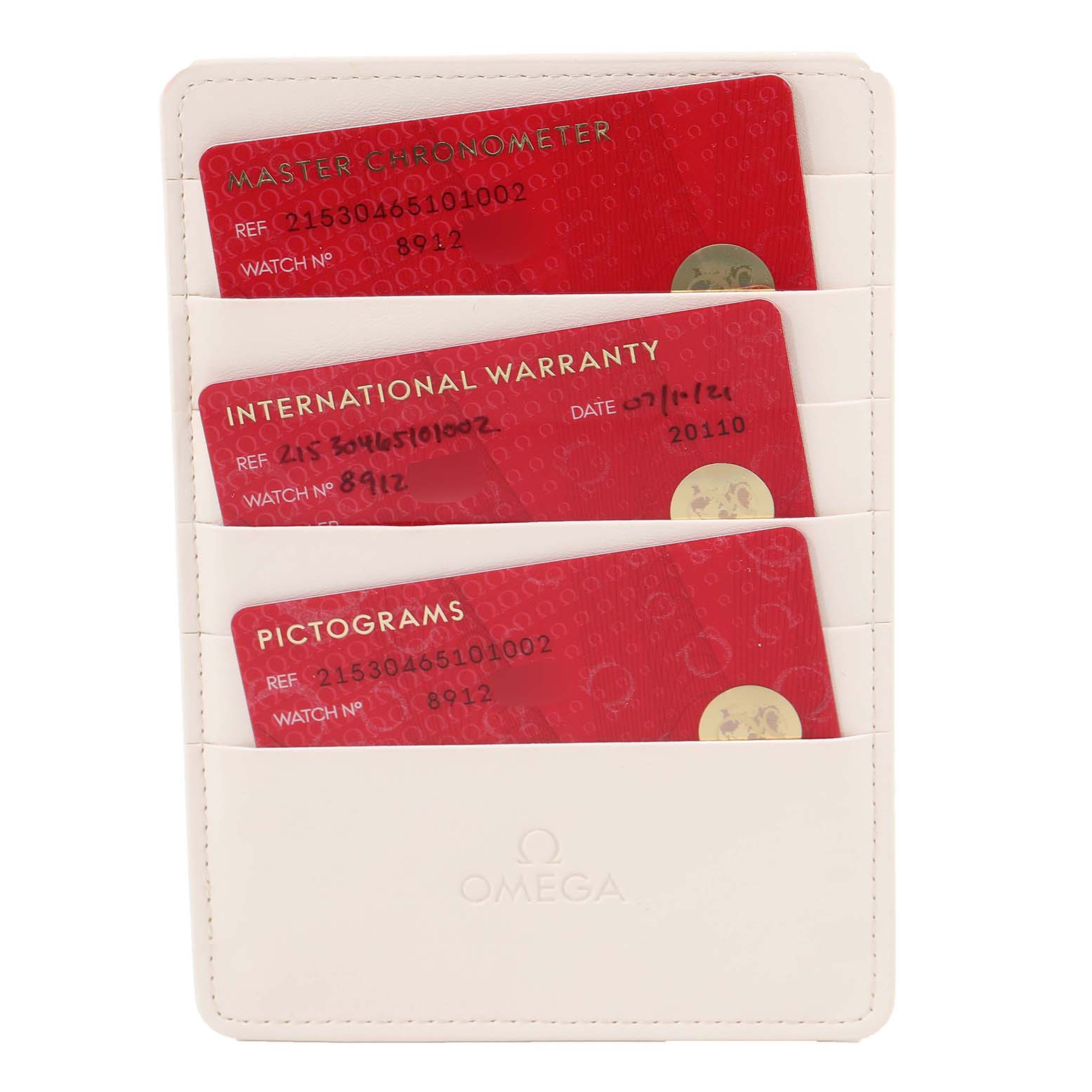 The image shows a set of three Omega Planet Ocean 215.30.46.51.01.002 Men
s Stainless Steel Black Dial 215.30.46.51.01.002 Men
s Stainless Steel Black Dial watch cards, including a Master Chronometer, International Warranty, and Pictograms, in a white cardholder.