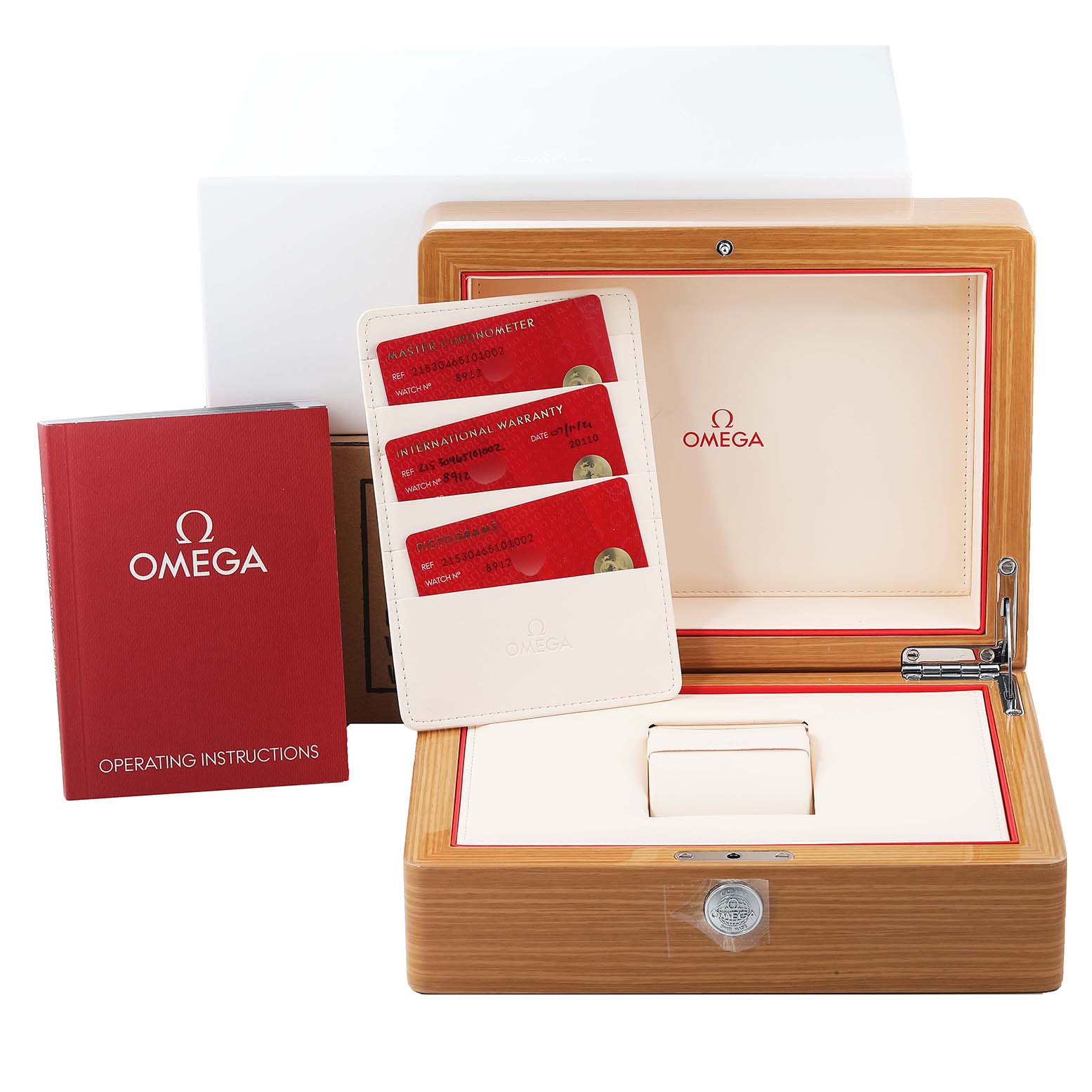 The image shows the Omega Planet Ocean 215.30.46.51.01.002 Men
s Stainless Steel Black Dial 215.30.46.51.01.002 Men
s Stainless Steel Black Dial watch
s wooden box, warranty cards, and operating instructions.