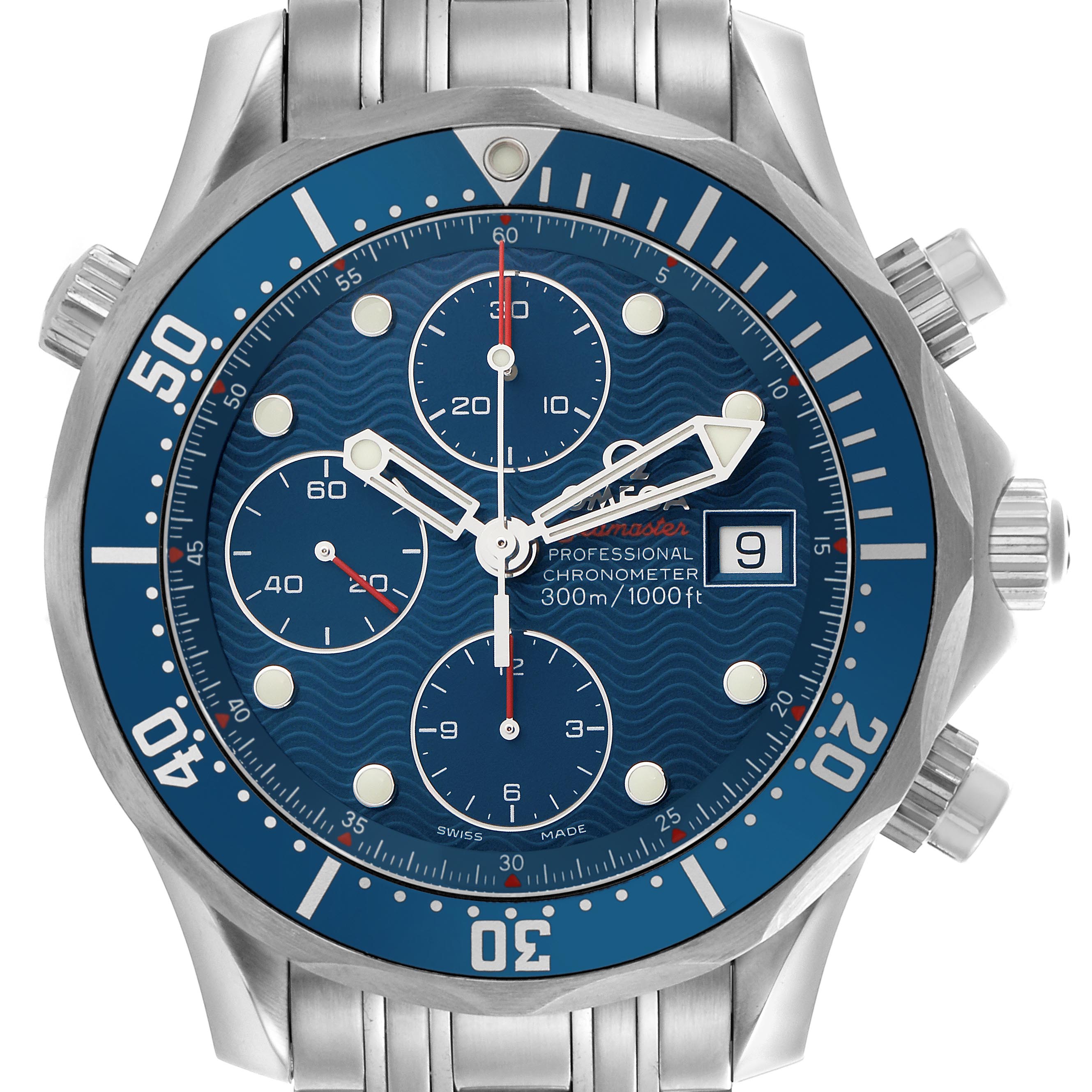 The Omega Seamaster 2225.80.00 Men
s Stainless Steel Blue Dial 2225.80.00 Men
s Stainless Steel Blue Dial watch is shown from a front angle, displaying the dial, bezel, crown, and pushers.