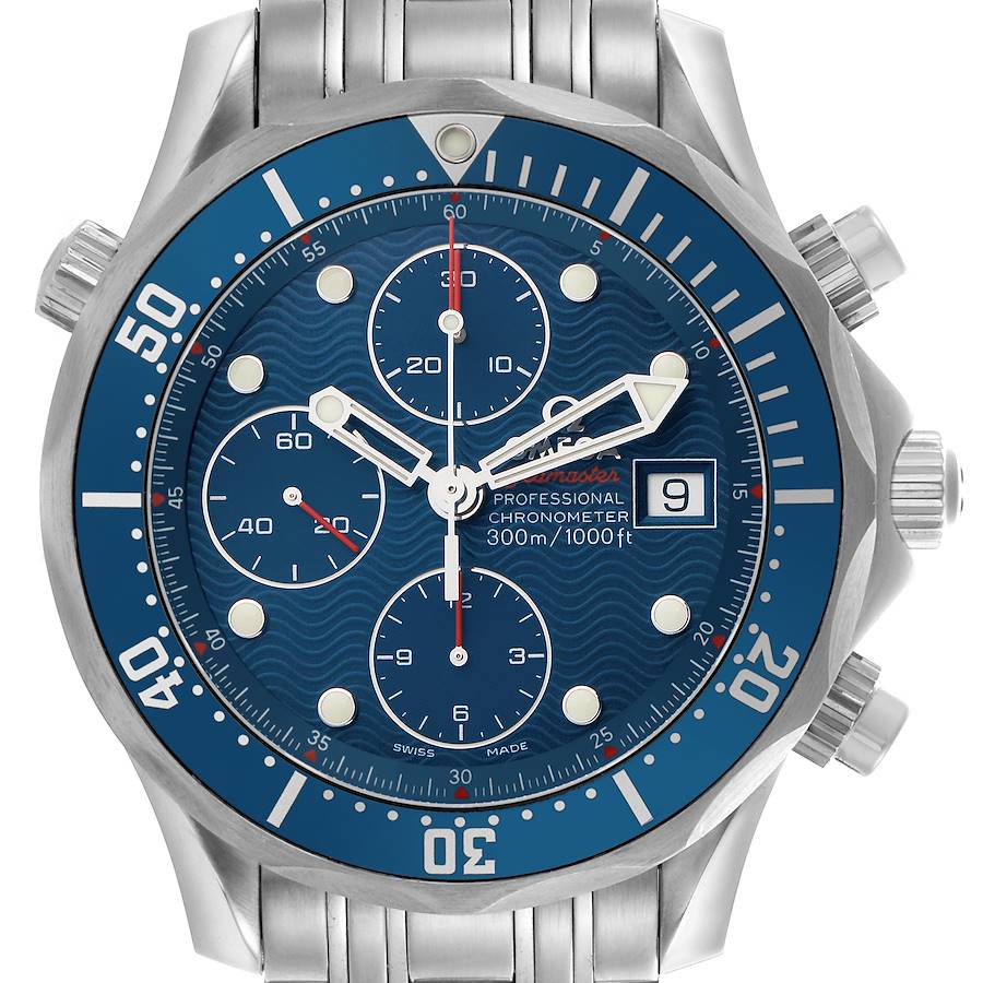 The Omega Seamaster watch is shown from a front angle, displaying the dial, bezel, crown, and pushers.