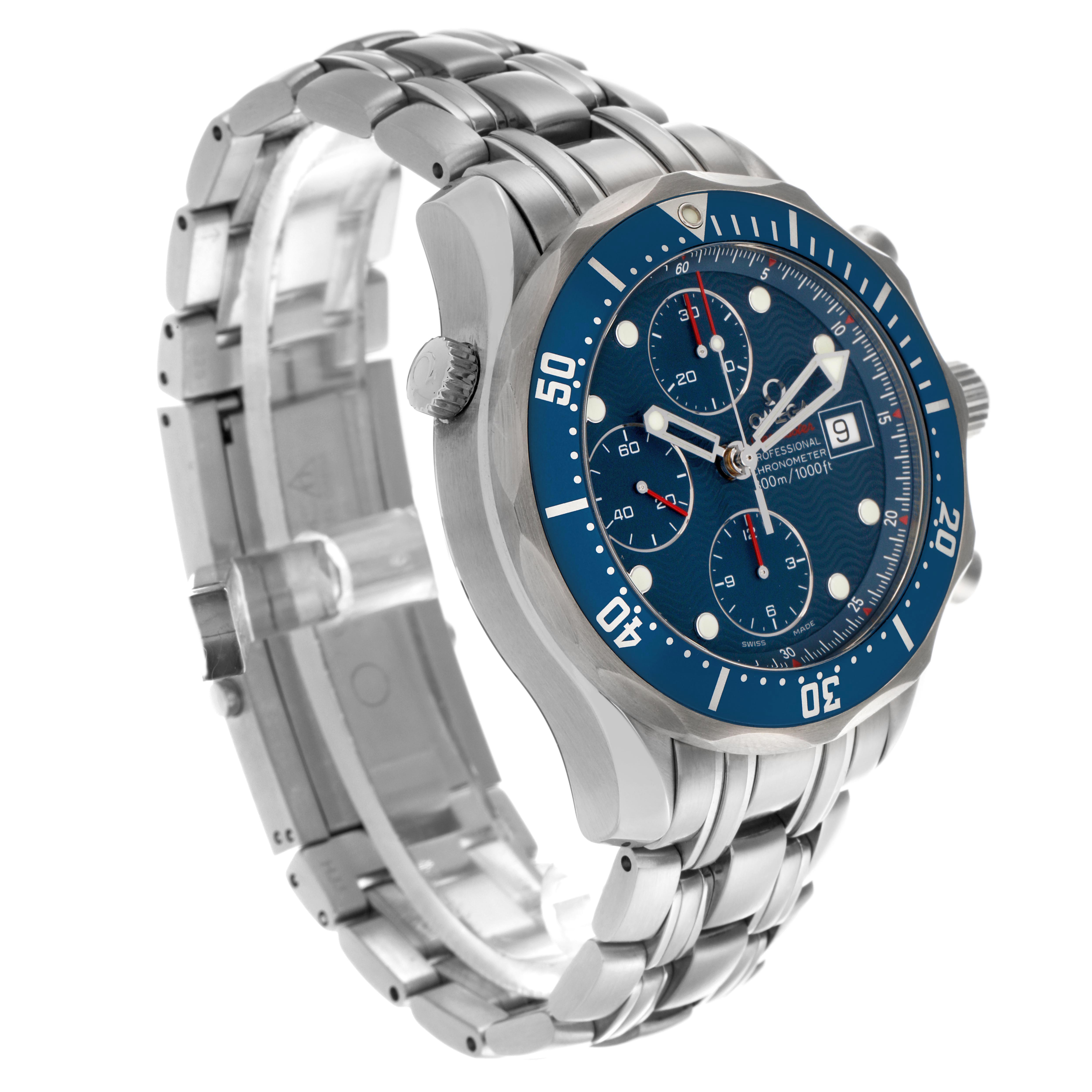 The Omega Seamaster 2225.80.00 Men
s Stainless Steel Blue Dial 2225.80.00 Men
s Stainless Steel Blue Dial watch is shown at a three-quarter angle, displaying the bracelet, blue bezel, and face with subdials and date.