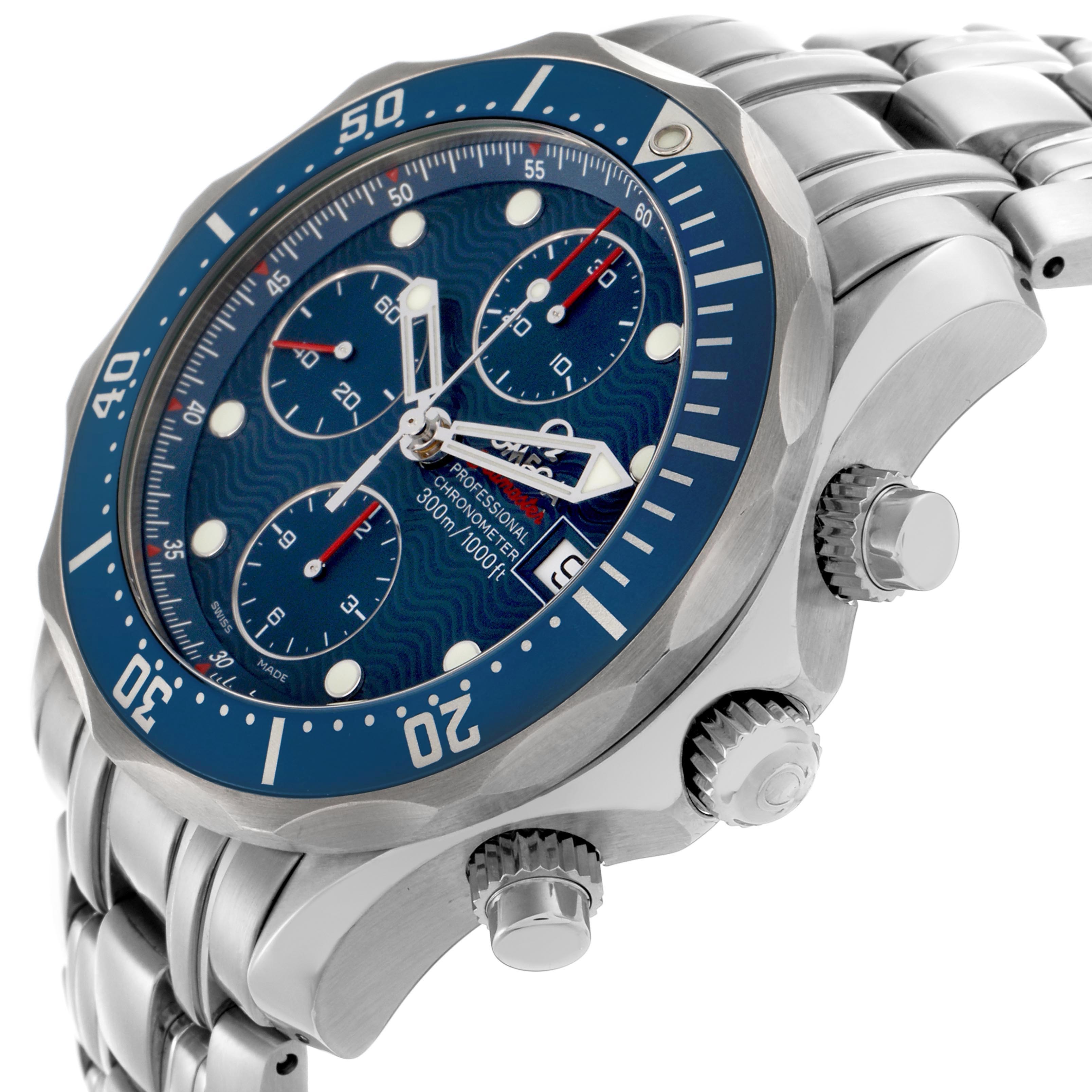 The Omega Seamaster 2225.80.00 Men
s Stainless Steel Blue Dial 2225.80.00 Men
s Stainless Steel Blue Dial watch is shown at a side angle, highlighting the bezel, dial, crown, pushers, and bracelet.