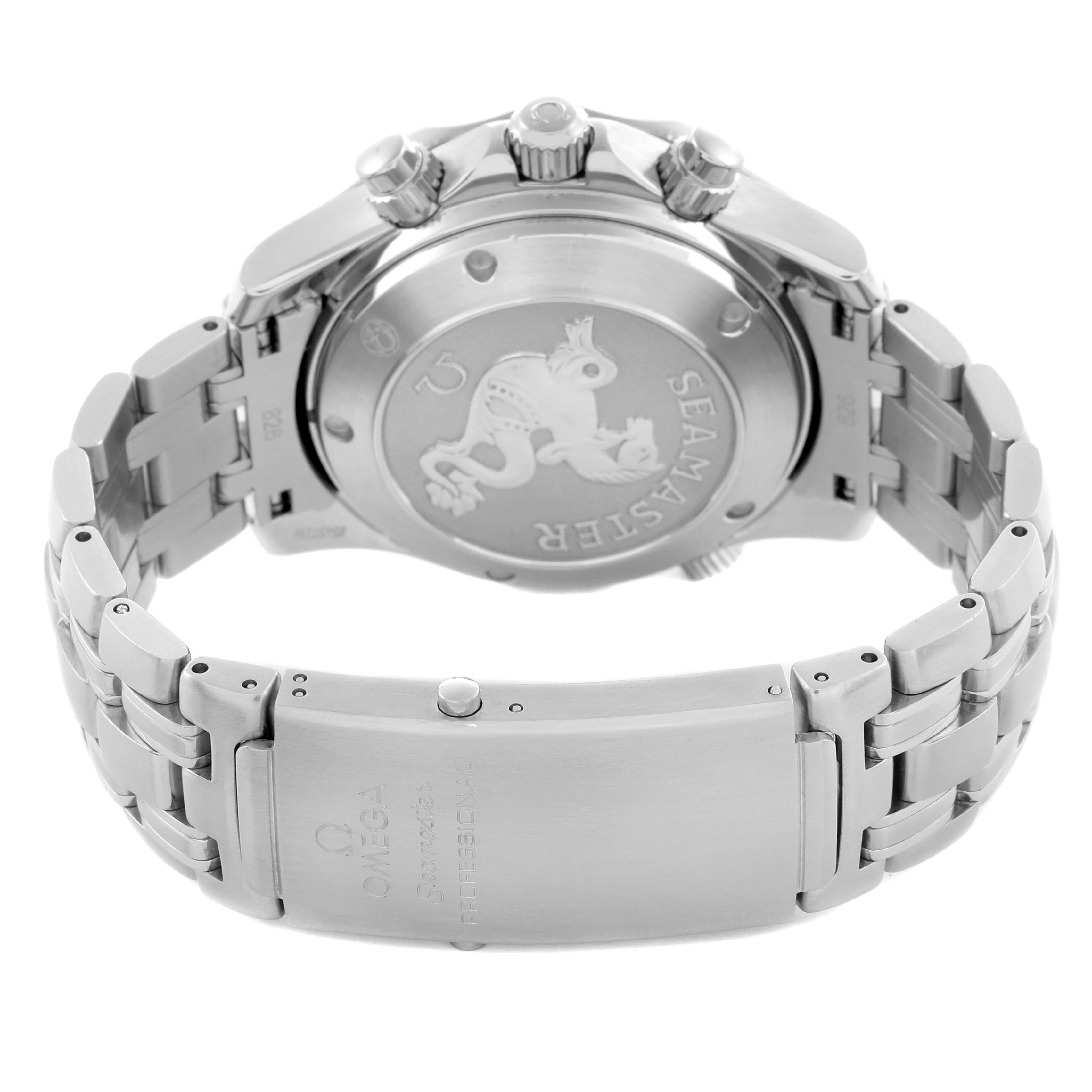 The image shows the Omega Seamaster 2225.80.00 Men
s Stainless Steel Blue Dial 2225.80.00 Men
s Stainless Steel Blue Dial watch from the back angle, focusing on the case back, crown, pushers, and bracelet.