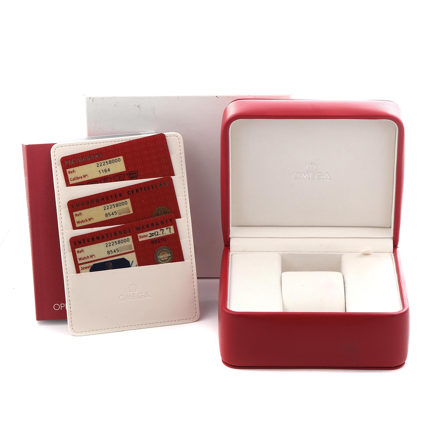 The image shows an Omega Seamaster 2225.80.00 Men
s Stainless Steel Blue Dial 2225.80.00 Men
s Stainless Steel Blue Dial watch box, open with warranty cards and a cardholder next to it.