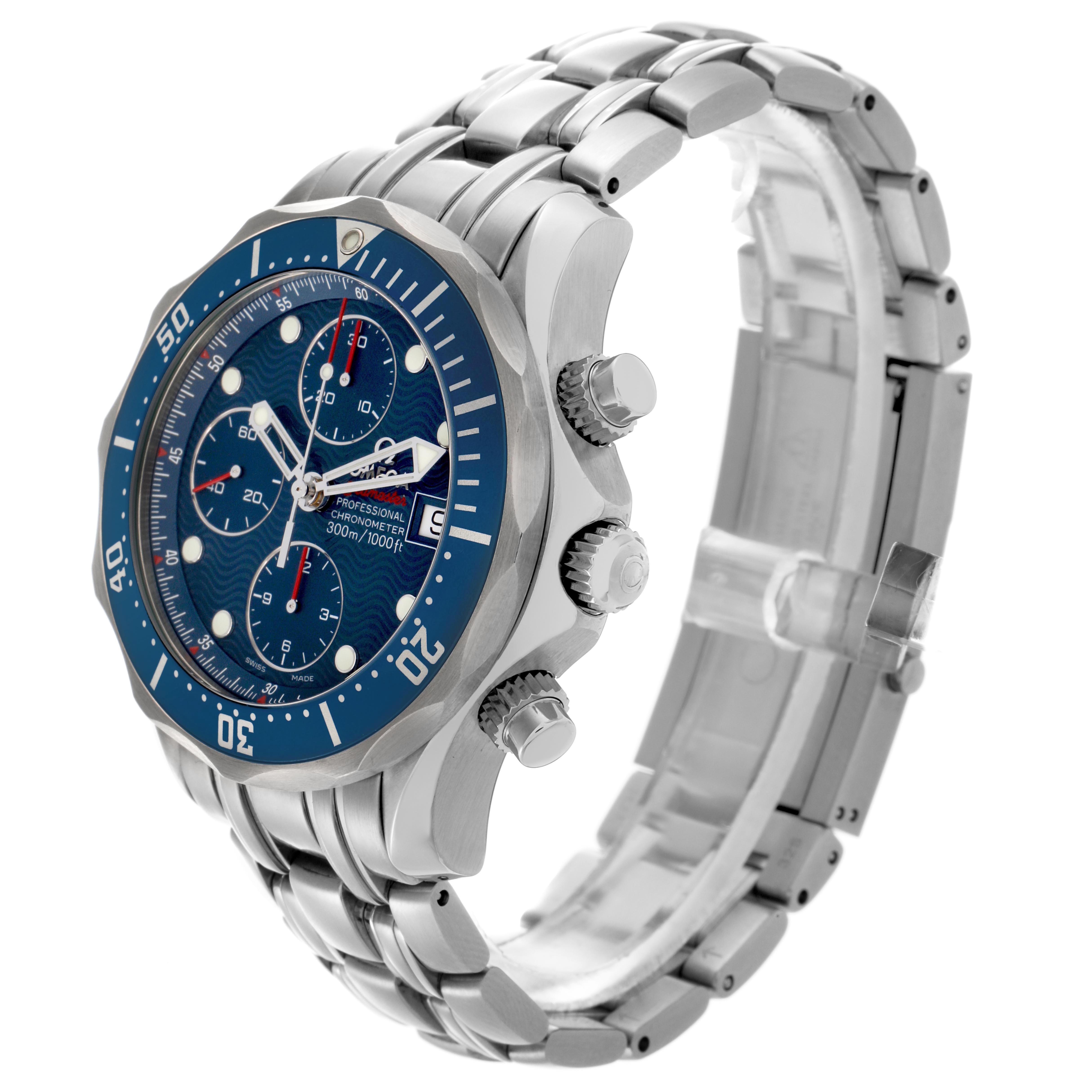 The Omega Seamaster 2225.80.00 Men
s Stainless Steel Blue Dial 2225.80.00 Men
s Stainless Steel Blue Dial watch is shown at a three-quarter angle, highlighting the bezel, dial, and stainless steel bracelet.
