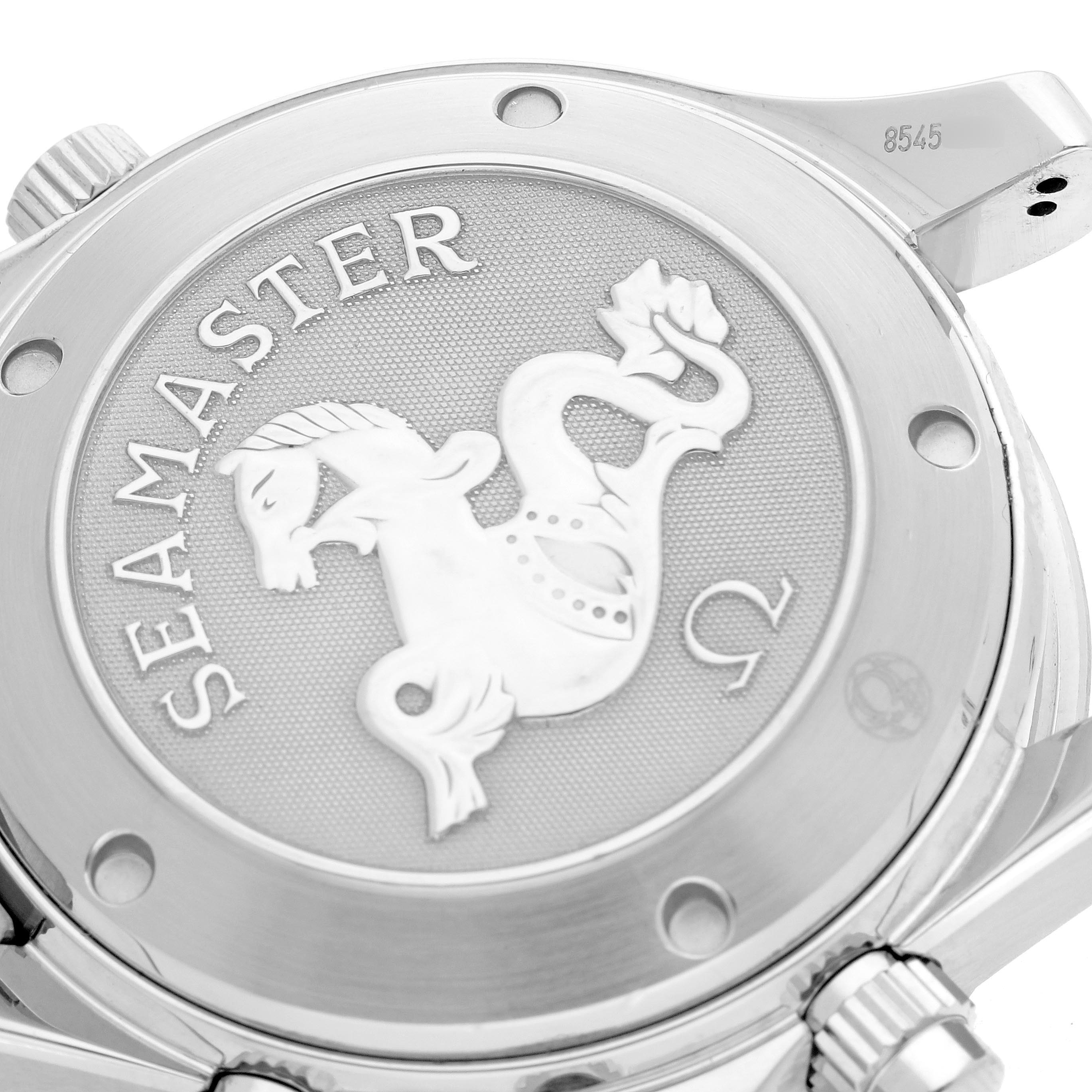 The image shows the case back of the Omega Seamaster 2225.80.00 Men
s Stainless Steel Blue Dial 2225.80.00 Men
s Stainless Steel Blue Dial with the logo engraving, viewed from an angled close-up.